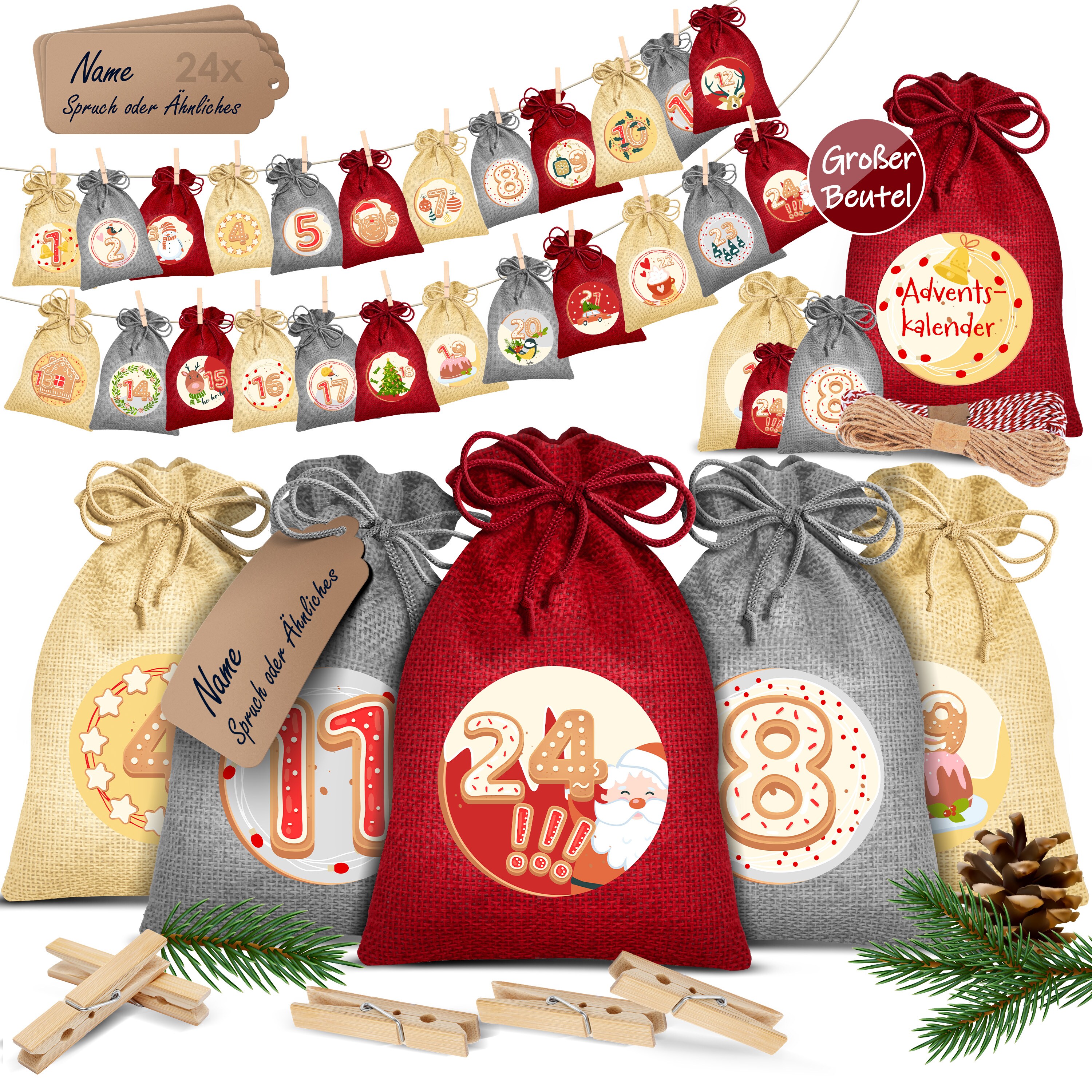 KESSER&reg; Adventskalender zum Bef&uuml;llen 24 Jutebeutel Gedruckte Stoffbeutel Kinder Weihnachtskalender zum Selber Bef&uuml;llen Inkl.. 24x Schildchen + 1 Gro&szlig;er Aufbewahrungsbeutel Stoff - Bild 1