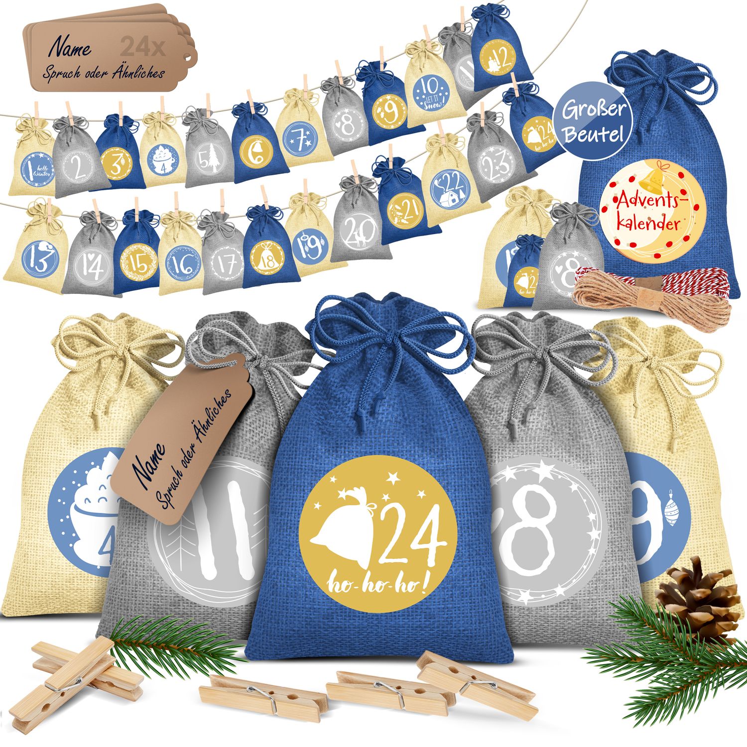 KESSER&reg; Adventskalender zum Bef&uuml;llen 24 Jutebeutel Gedruckte Stoffbeutel Kinder Weihnachtskalender zum Selber Bef&uuml;llen Inkl.. 24x Schildchen + 1 Gro&szlig;er Aufbewahrungsbeutel Stoff - Bild 1