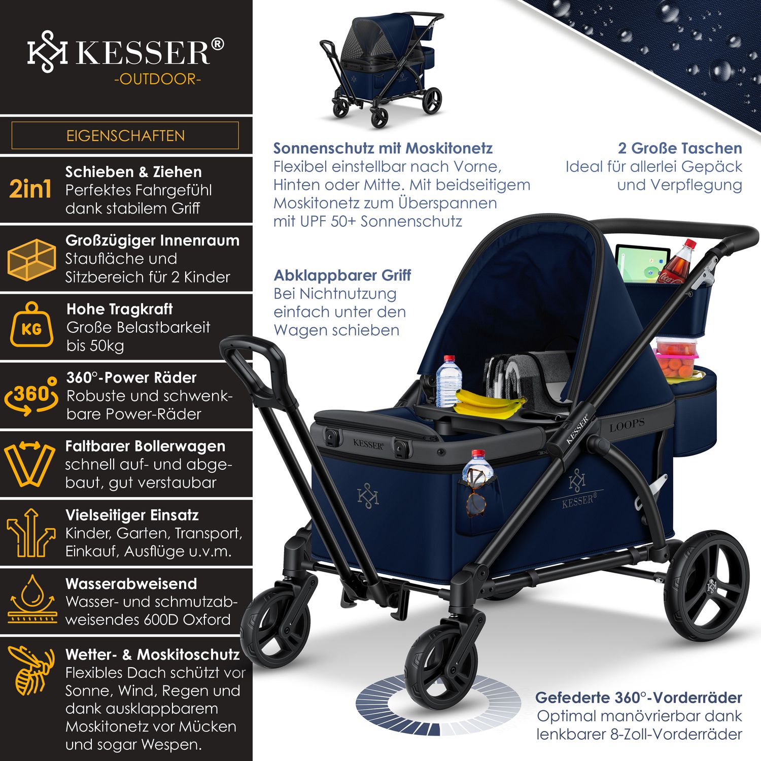 Bollerwagen Für 2 Kinder - Faltbarer Kinderwagen Mit Dach Und Tablett