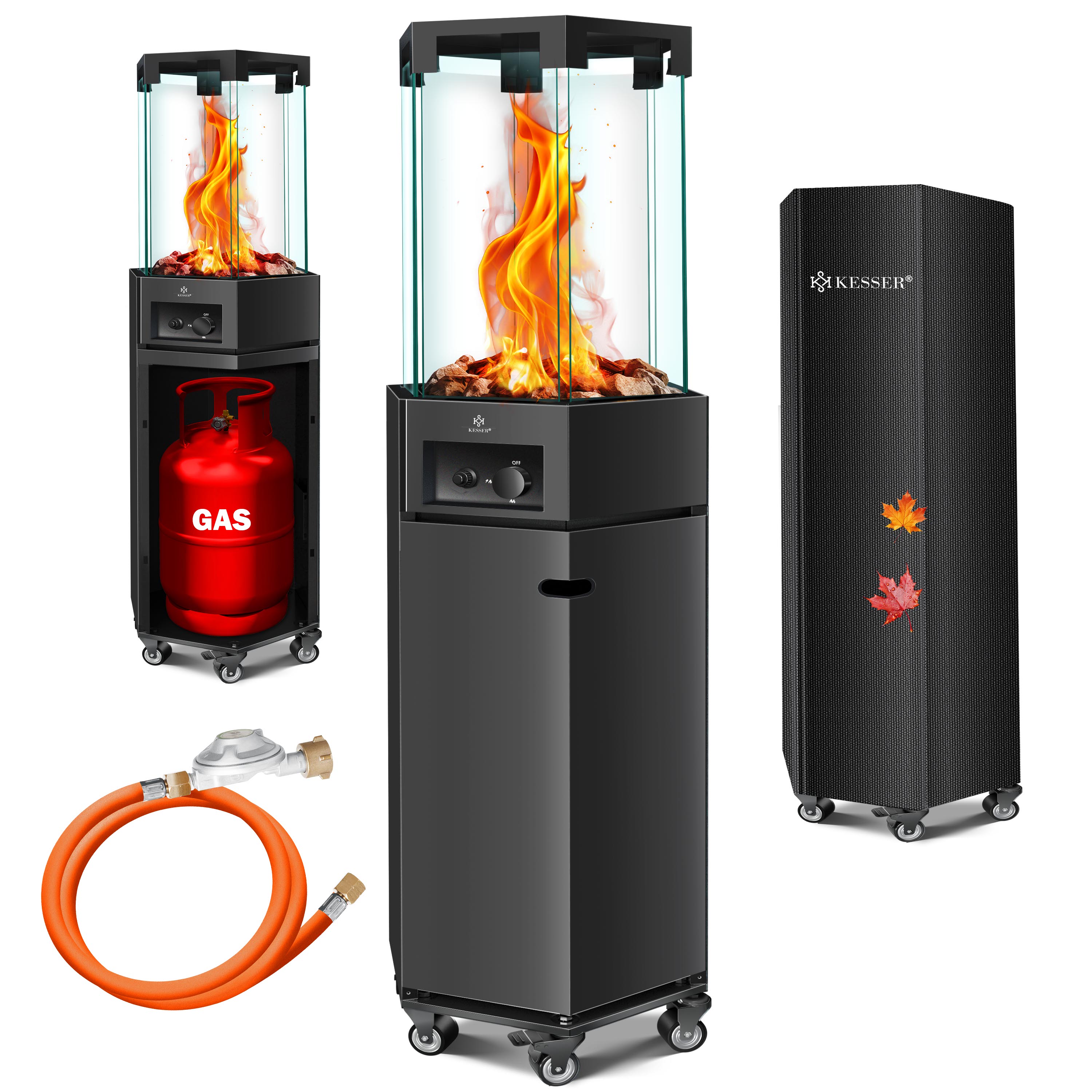 KESSER&reg; Gasheizstrahler 4/8 kW Gas Piezoz&uuml;ndung Heizung + Gasdruckregler + Cover, 360&deg; Rollen Kippschutz, Terrassenheizstrahler Gasheizung Gasheizer Outdoor Kamin Mobiler Heizpilz, Heizer, Schwarz - Bild 1
