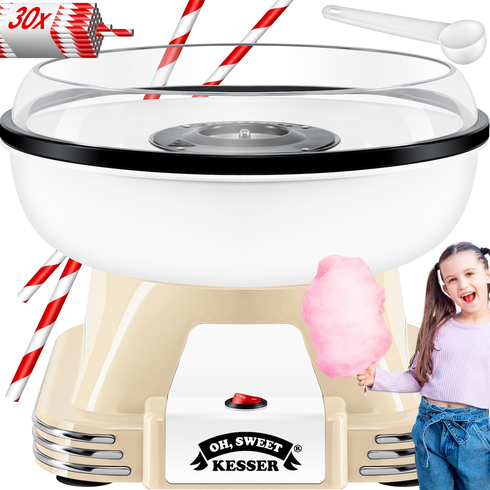 KESSER® Zuckerwattemaschine Set für dein zuhause - Mit 30x Zuckerwatte Stäbchen & Messlöffel - Retro Cotton Candy Maschi