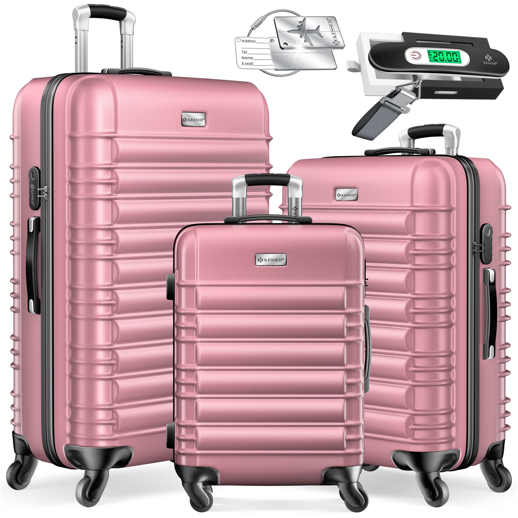 KESSER® 3tlg. Hartschalenkofferset Hartschalenkoffer Reisekoffer Set Reisekofferset Trolley Koffer Inkl. Kofferwaage + Gepäckanhänger Rollkoffer Schloss 4 Rollen ABS-Hartschale Teleskopgriff M-L-XL