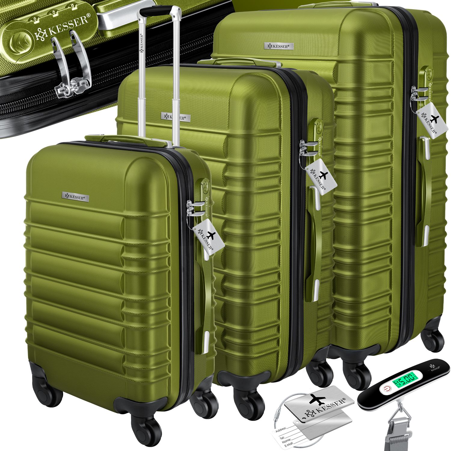 KESSER&reg; 3tlg. Hartschalenkofferset Hartschalenkoffer Reisekoffer Set Reisekofferset Trolley Koffer Inkl. Kofferwaage + Gep&auml;ckanh&auml;nger Rollkoffer Schloss 4 Rollen ABS-Hartschale Teleskopgriff M-L-XL - Bild 1