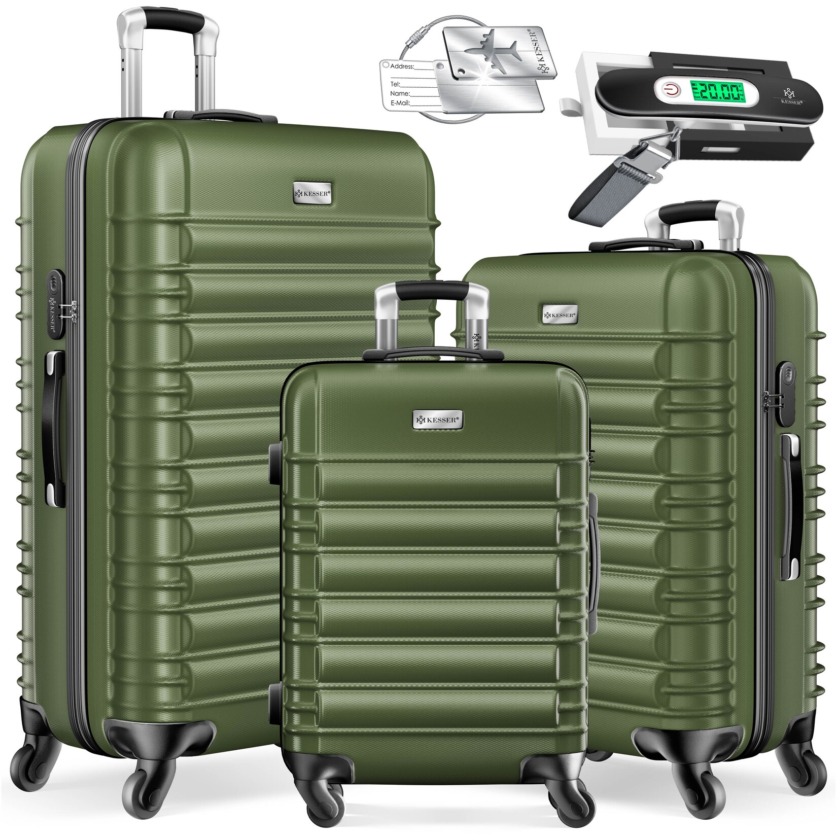 KESSER® 3tlg. Hartschalenkofferset Hartschalenkoffer Reisekoffer Set Reisekofferset Trolley Koffer Inkl. Kofferwaage + Gepäckanhänger Rollkoffer Schloss 4 Rollen ABS-Hartschale Teleskopgriff M-L-XL