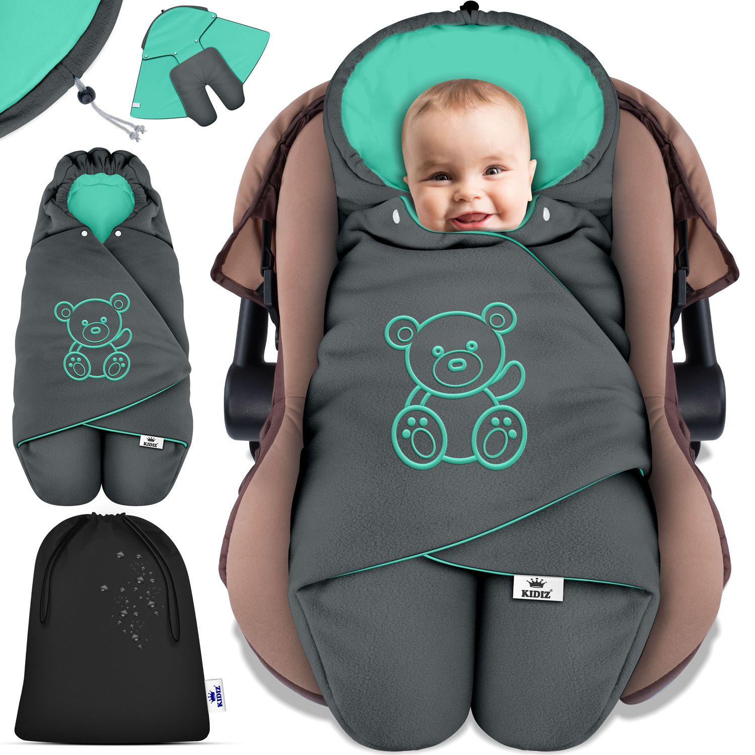 KIDIZ&reg; Baby Einschlagdecke Babyschale Winter Herbst Babydecke mit Kapuze & Tasche Universal Fu&szlig;sack kompatibel mit Maxi-Cosi, R&ouml;mer, Buggy, Kinderwagen & Autositz isolierend gegen Wind, N&auml;sse & K&auml;lte - Bild 1