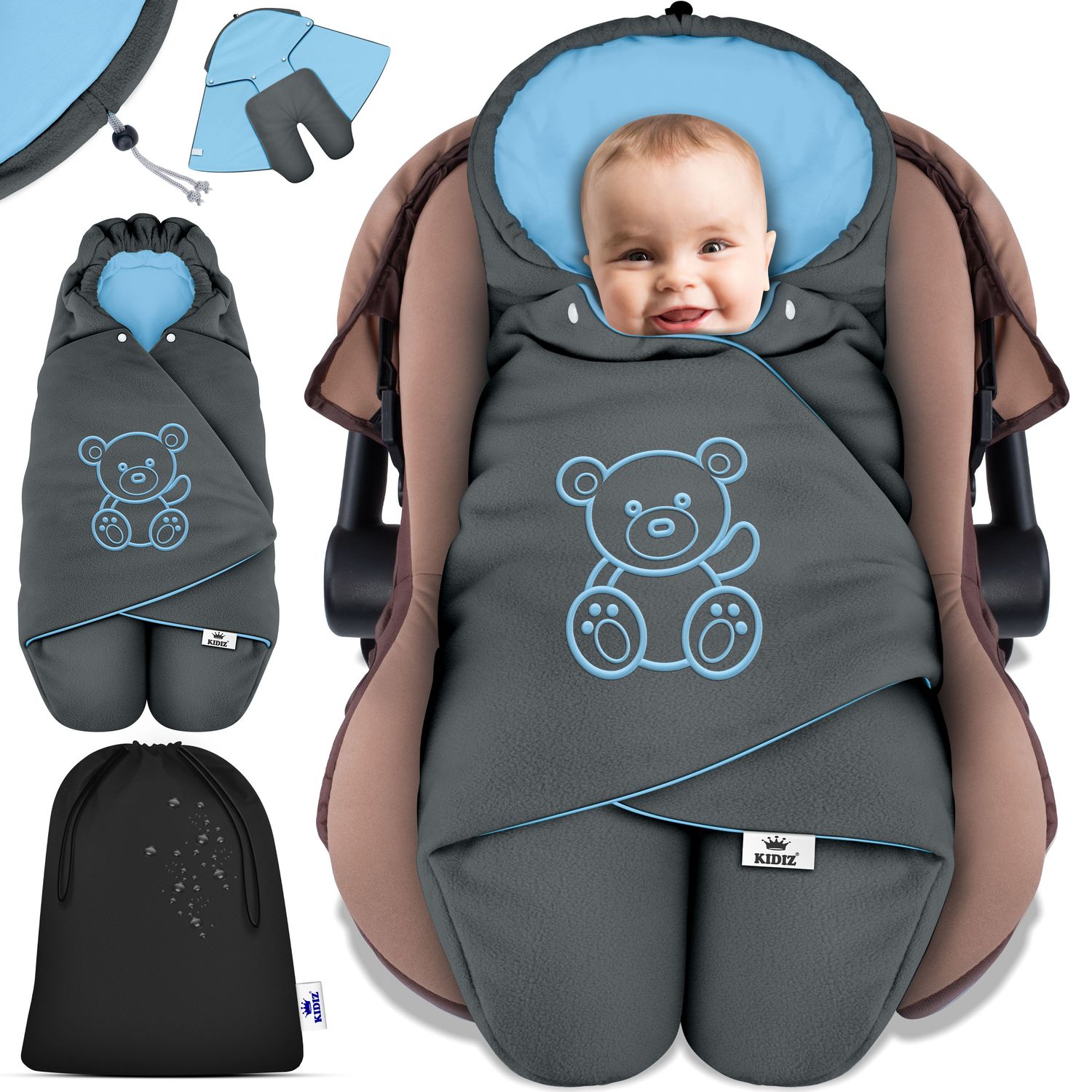 KIDIZ&reg; Baby Einschlagdecke Babyschale Winter Herbst Babydecke mit Kapuze & Tasche Universal Fu&szlig;sack kompatibel mit Maxi-Cosi, R&ouml;mer, Buggy, Kinderwagen & Autositz isolierend gegen Wind, N&auml;sse & K&auml;lte - Bild 1