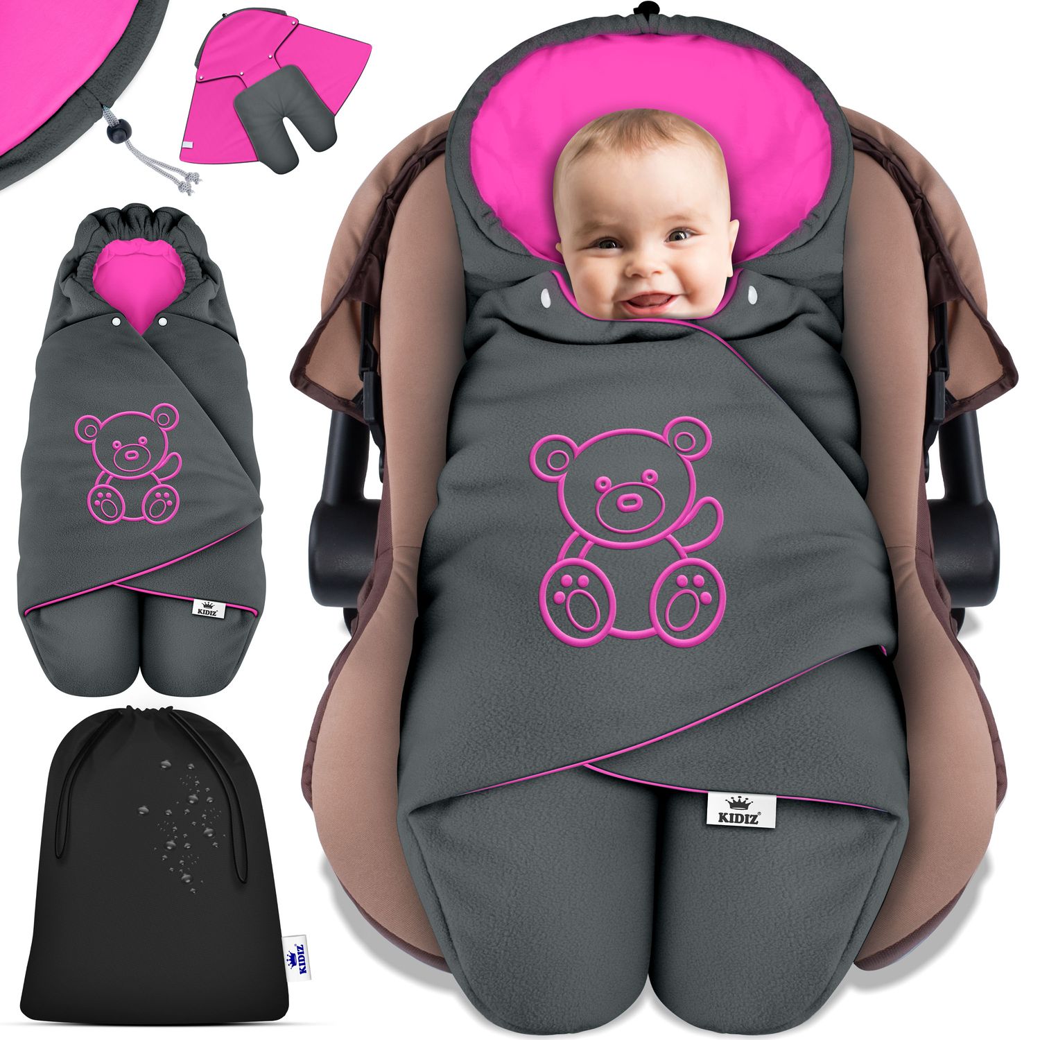 KIDIZ&reg; Baby Einschlagdecke Babyschale Winter Herbst Babydecke mit Kapuze & Tasche Universal Fu&szlig;sack kompatibel mit Maxi-Cosi, R&ouml;mer, Buggy, Kinderwagen & Autositz isolierend gegen Wind, N&auml;sse & K&auml;lte - Bild 1