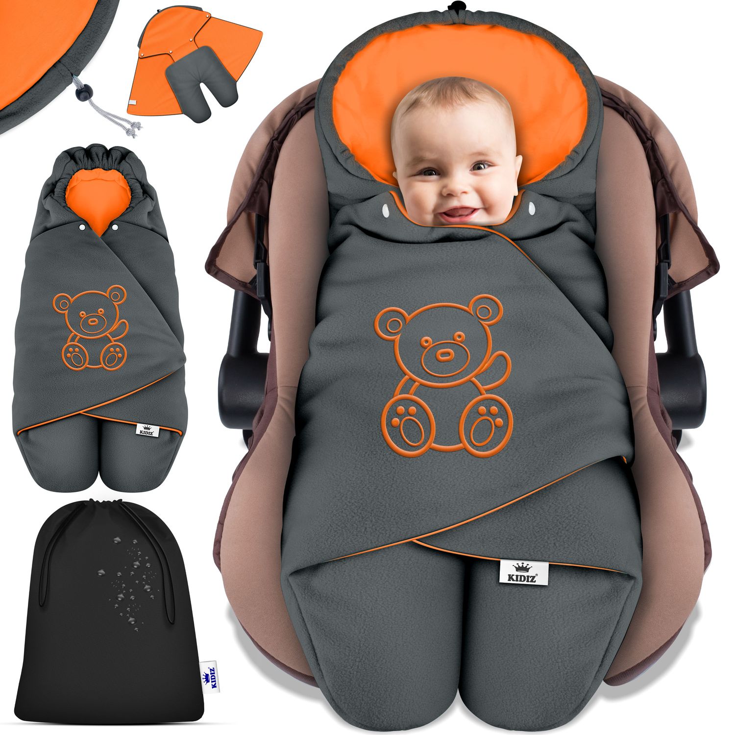 KIDIZ&reg; Baby Einschlagdecke Babyschale Winter Herbst Babydecke mit Kapuze & Tasche Universal Fu&szlig;sack kompatibel mit Maxi-Cosi, R&ouml;mer, Buggy, Kinderwagen & Autositz isolierend gegen Wind, N&auml;sse & K&auml;lte - Bild 1
