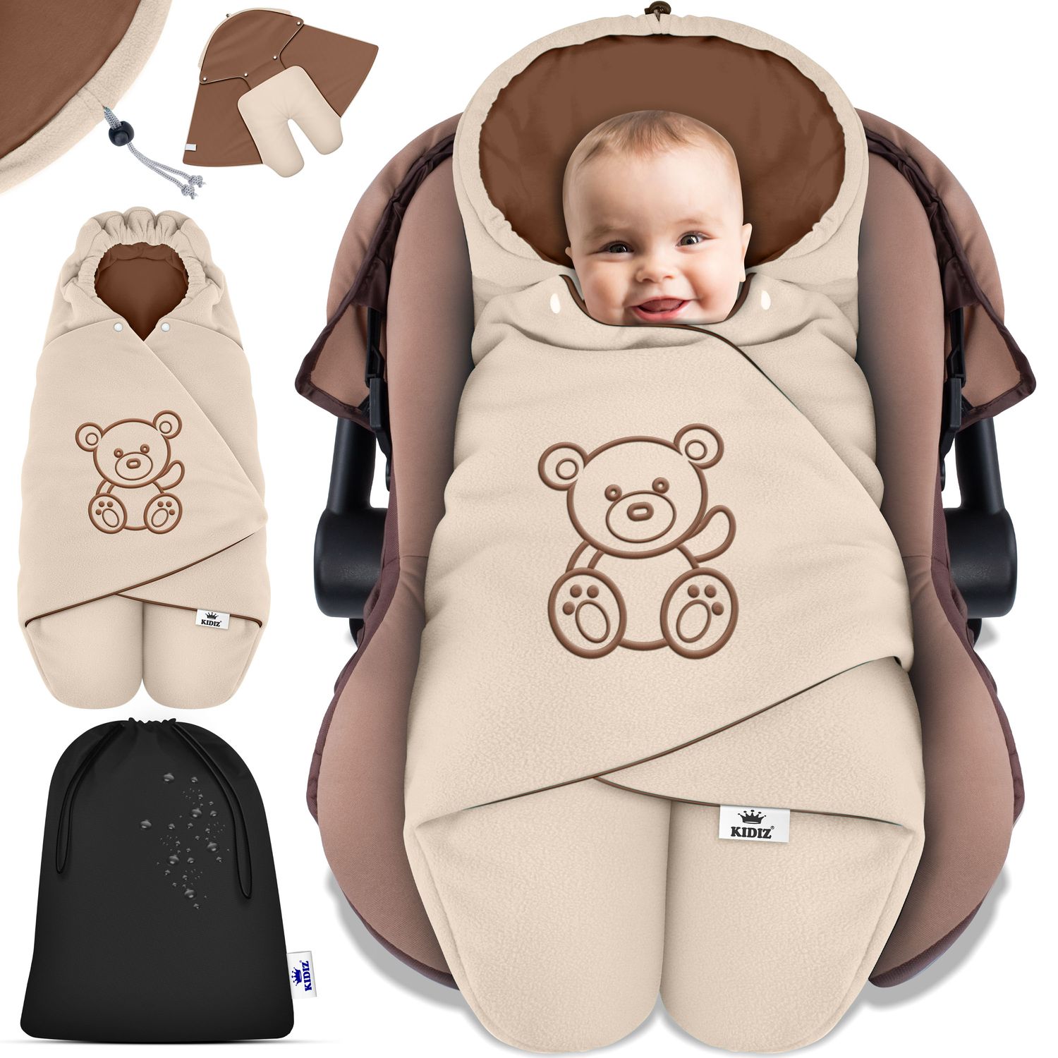 KIDIZ&reg; Baby Einschlagdecke Babyschale Winter Herbst Babydecke mit Kapuze & Tasche Universal Fu&szlig;sack kompatibel mit Maxi-Cosi, R&ouml;mer, Buggy, Kinderwagen & Autositz isolierend gegen Wind, N&auml;sse & K&auml;lte - Bild 1