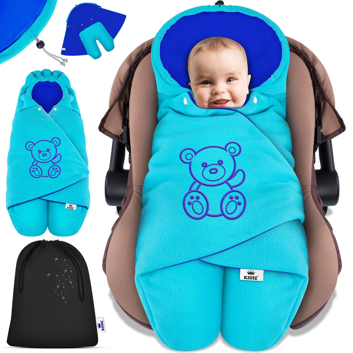 KIDIZ&reg; Baby Einschlagdecke Babyschale Winter Herbst Babydecke mit Kapuze & Tasche Universal Fu&szlig;sack kompatibel mit Maxi-Cosi, R&ouml;mer, Buggy, Kinderwagen & Autositz isolierend gegen Wind, N&auml;sse & K&auml;lte - Bild 1