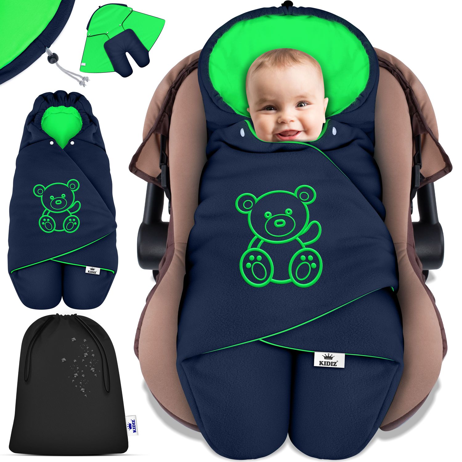 KIDIZ&reg; Baby Einschlagdecke Babyschale Winter Herbst Babydecke mit Kapuze & Tasche Universal Fu&szlig;sack kompatibel mit Maxi-Cosi, R&ouml;mer, Buggy, Kinderwagen & Autositz isolierend gegen Wind, N&auml;sse & K&auml;lte - Bild 1