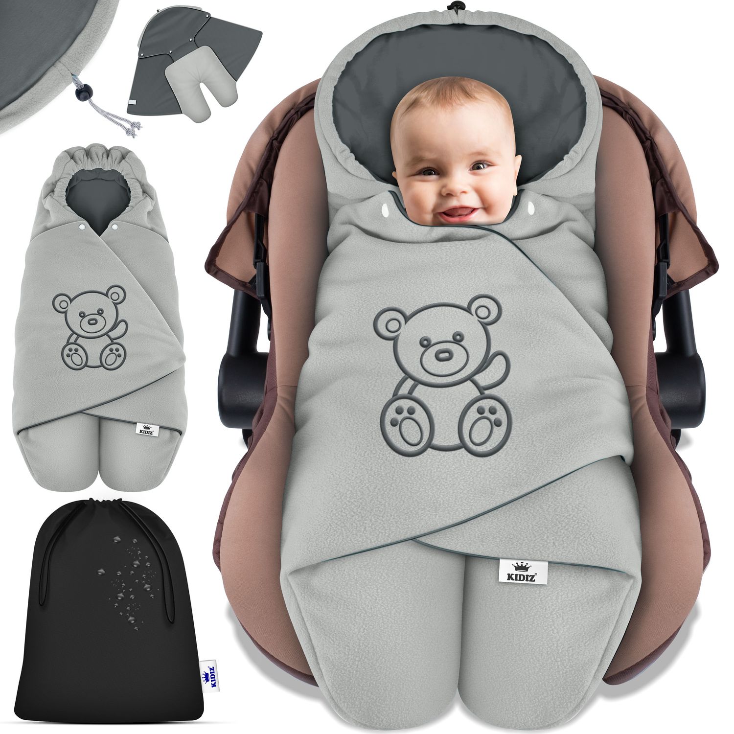 KIDIZ&reg; Baby Einschlagdecke Babyschale Winter Herbst Babydecke mit Kapuze & Tasche Universal Fu&szlig;sack kompatibel mit Maxi-Cosi, R&ouml;mer, Buggy, Kinderwagen & Autositz isolierend gegen Wind, N&auml;sse & K&auml;lte - Bild 1