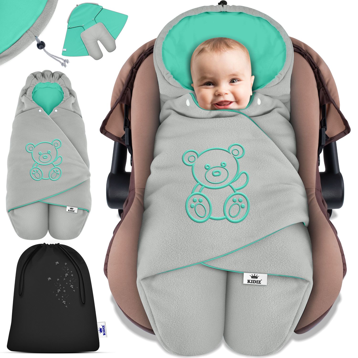KIDIZ&reg; Baby Einschlagdecke Babyschale Winter Herbst Babydecke mit Kapuze & Tasche Universal Fu&szlig;sack kompatibel mit Maxi-Cosi, R&ouml;mer, Buggy, Kinderwagen & Autositz isolierend gegen Wind, N&auml;sse & K&auml;lte - Bild 1