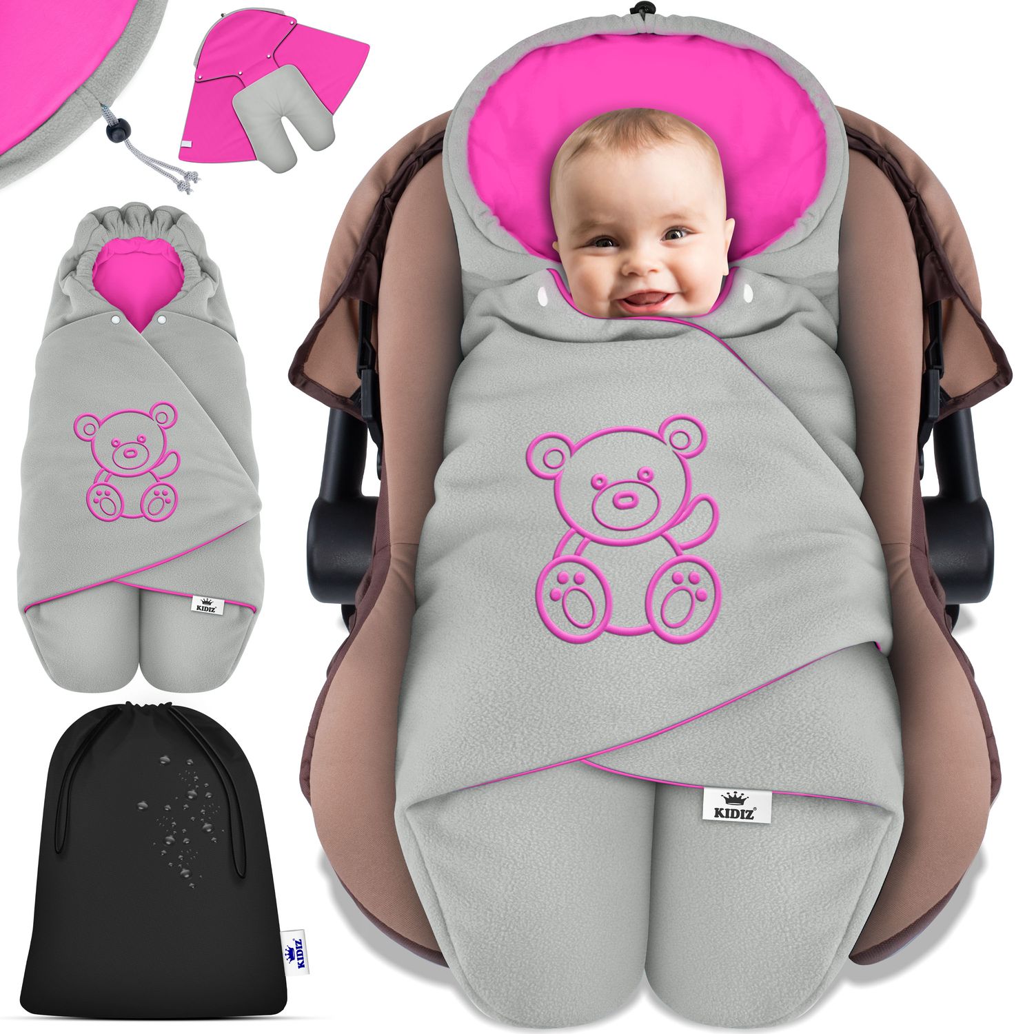 KIDIZ&reg; Baby Einschlagdecke Babyschale Winter Herbst Babydecke mit Kapuze & Tasche Universal Fu&szlig;sack kompatibel mit Maxi-Cosi, R&ouml;mer, Buggy, Kinderwagen & Autositz isolierend gegen Wind, N&auml;sse & K&auml;lte - Bild 1