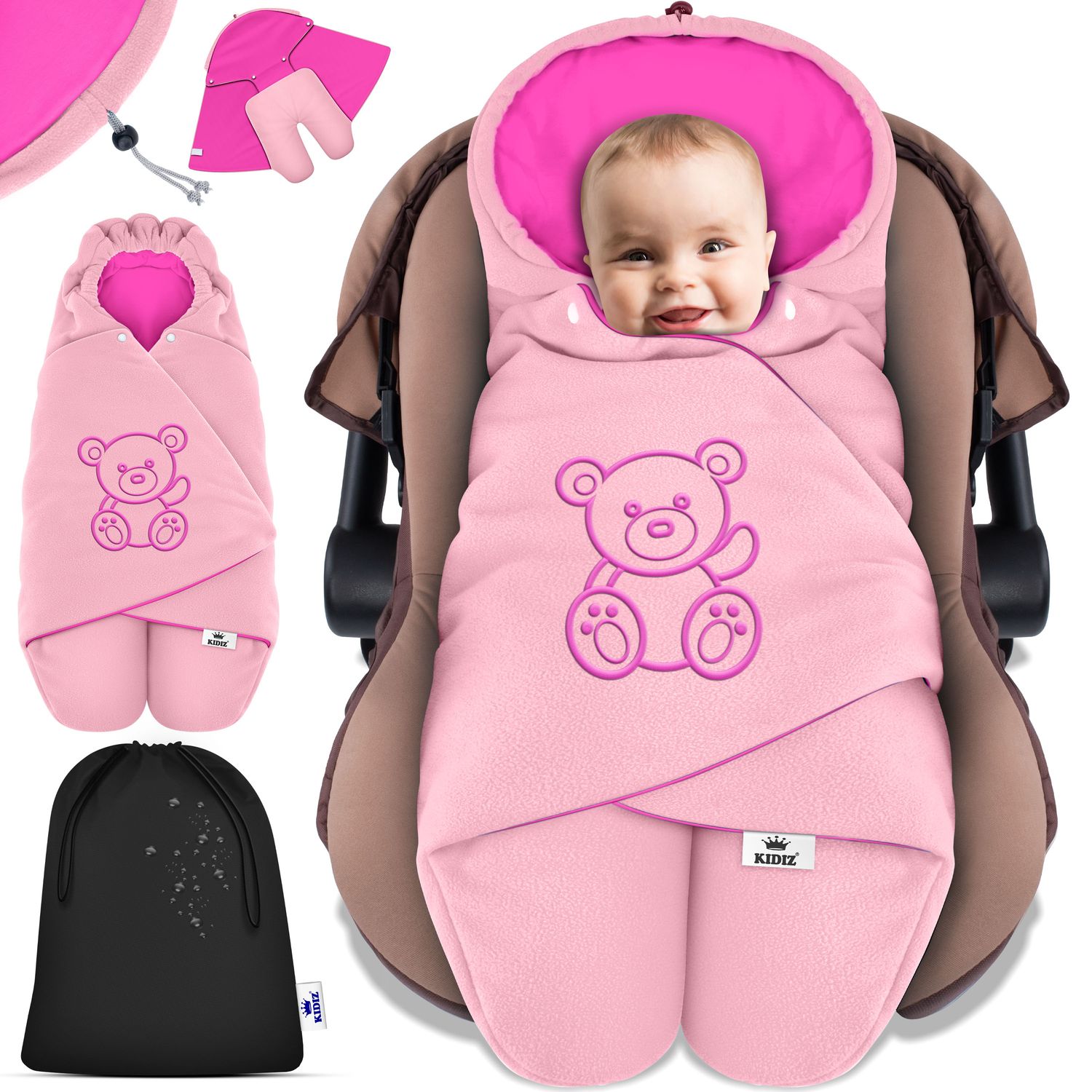 KIDIZ&reg; Baby Einschlagdecke Babyschale Winter Herbst Babydecke mit Kapuze & Tasche Universal Fu&szlig;sack kompatibel mit Maxi-Cosi, R&ouml;mer, Buggy, Kinderwagen & Autositz isolierend gegen Wind, N&auml;sse & K&auml;lte - Bild 1