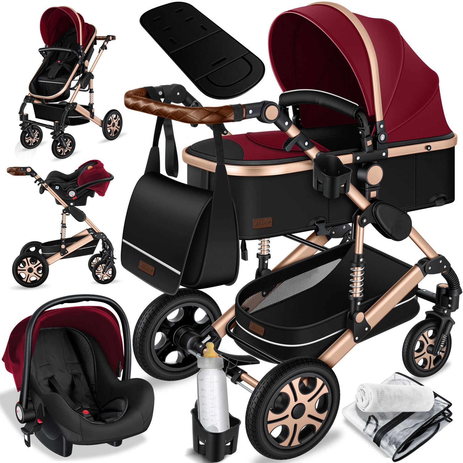 KESSER&reg; Loops Kinderwagen 4 in 1 Kombikinderwagen Komplett-Set auch als Buggy f&uuml;r Kinder bis 4 Jahre inkl. Babywanne, Babyschale + Fu&szlig;sack, Korb, Wickeltasche, Regen- & Insektenschutz & Flaschenhalter - Bild 1