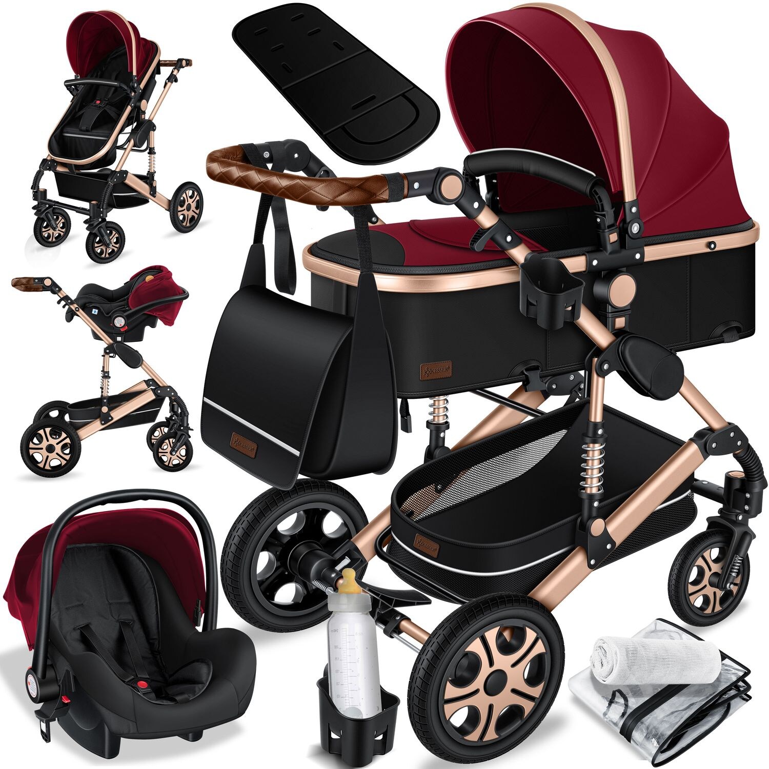 KESSER® Loops Kinderwagen 4 in 1 Kombikinderwagen Komplett-Set auch als Buggy für Kinder bis 4 Jahre inkl. Babywanne, Babyschale + Fußsack, Korb, Wickeltasche, Regen- & Insektenschutz & Flaschenhalter | 04260751943452