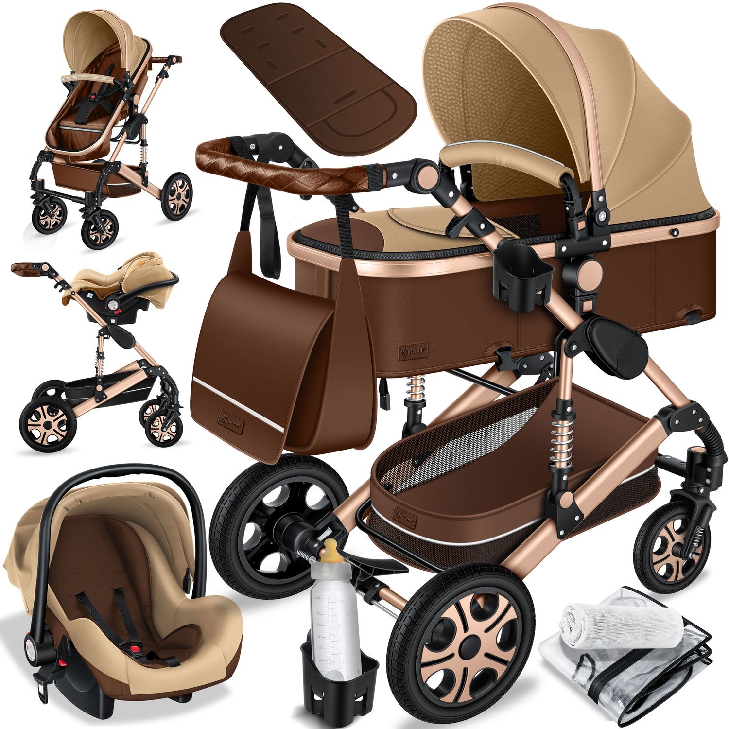 KESSER&reg; Loops Kinderwagen 4 in 1 Kombikinderwagen Komplett-Set auch als Buggy f&uuml;r Kinder bis 4 Jahre inkl. Babywanne, Babyschale + Fu&szlig;sack, Korb, Wickeltasche, Regen- & Insektenschutz & Flaschenhalter - Bild 1