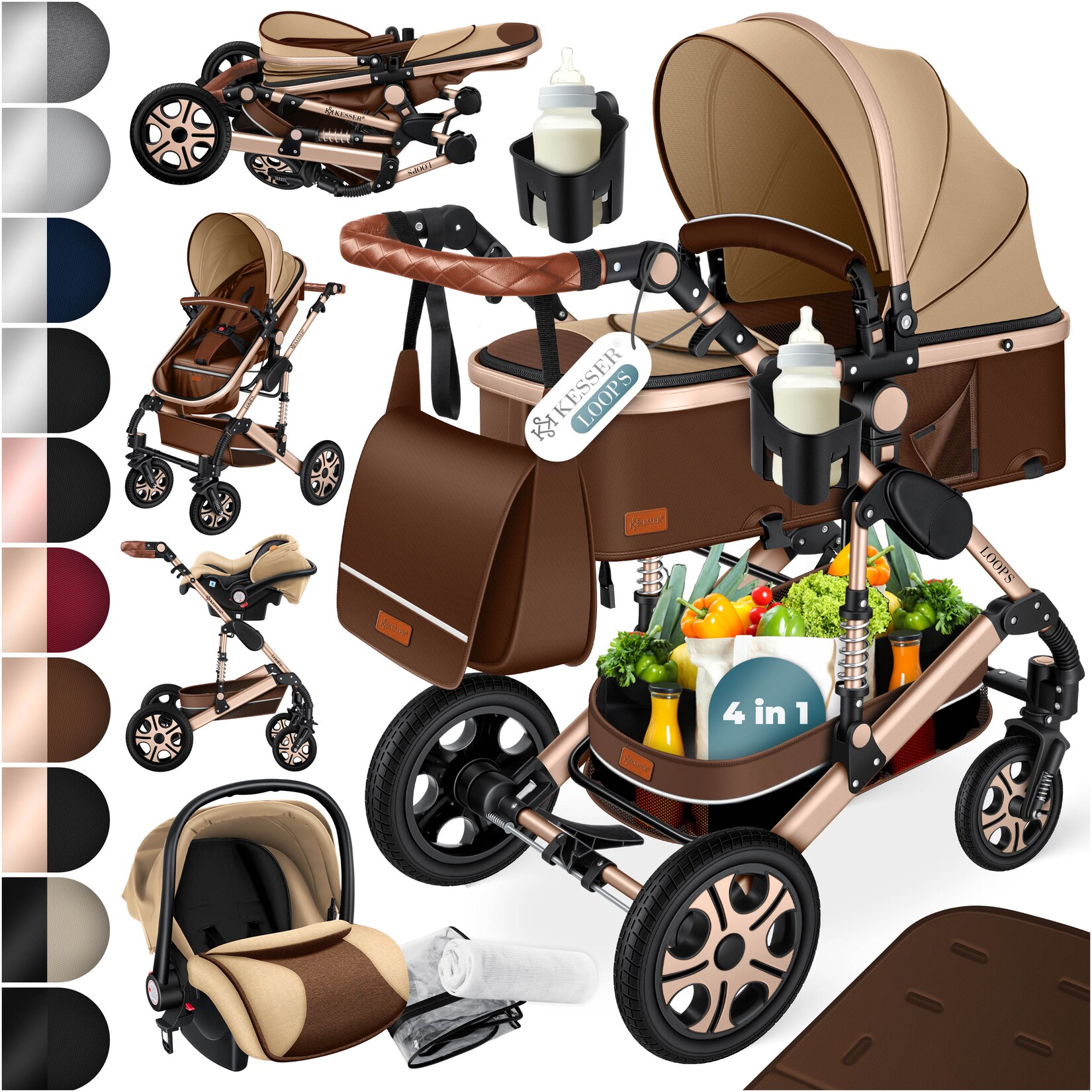 KESSER® Loops Kinderwagen 4 in 1 Kombikinderwagen Komplett-Set auch als Buggy für Kinder bis 4 Jahre inkl. Babywanne, Babyschale + Fußsack, Korb, Wickeltasche, Regen- & Insektenschutz & Flaschenhalter