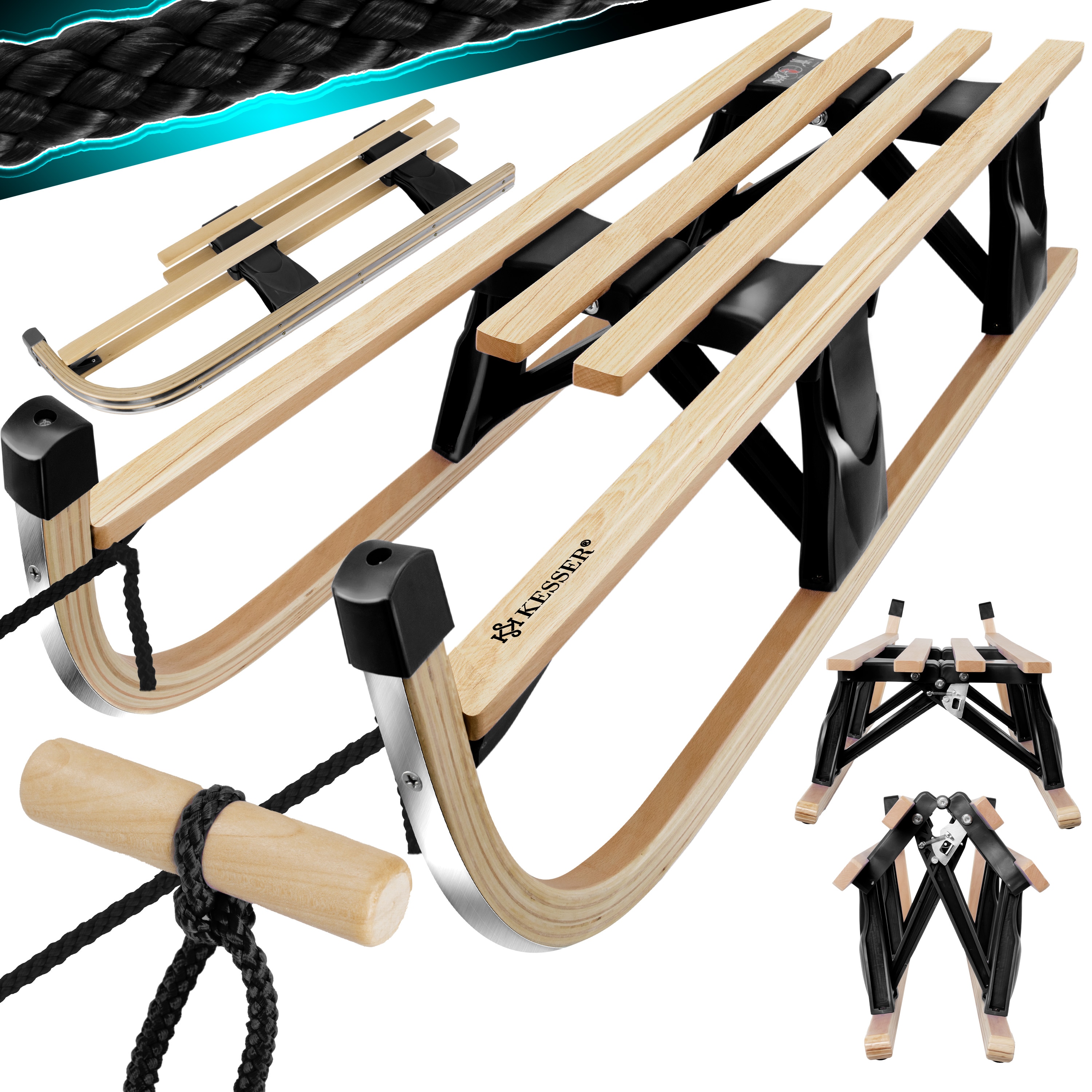 KESSER&reg; Holzschlitten Premium Schlitten faltbar Kinder Faltschlitten Kinderschlitten aus Buchenholz inkl. Zugseil Schieber Metallkufen - Bild 1