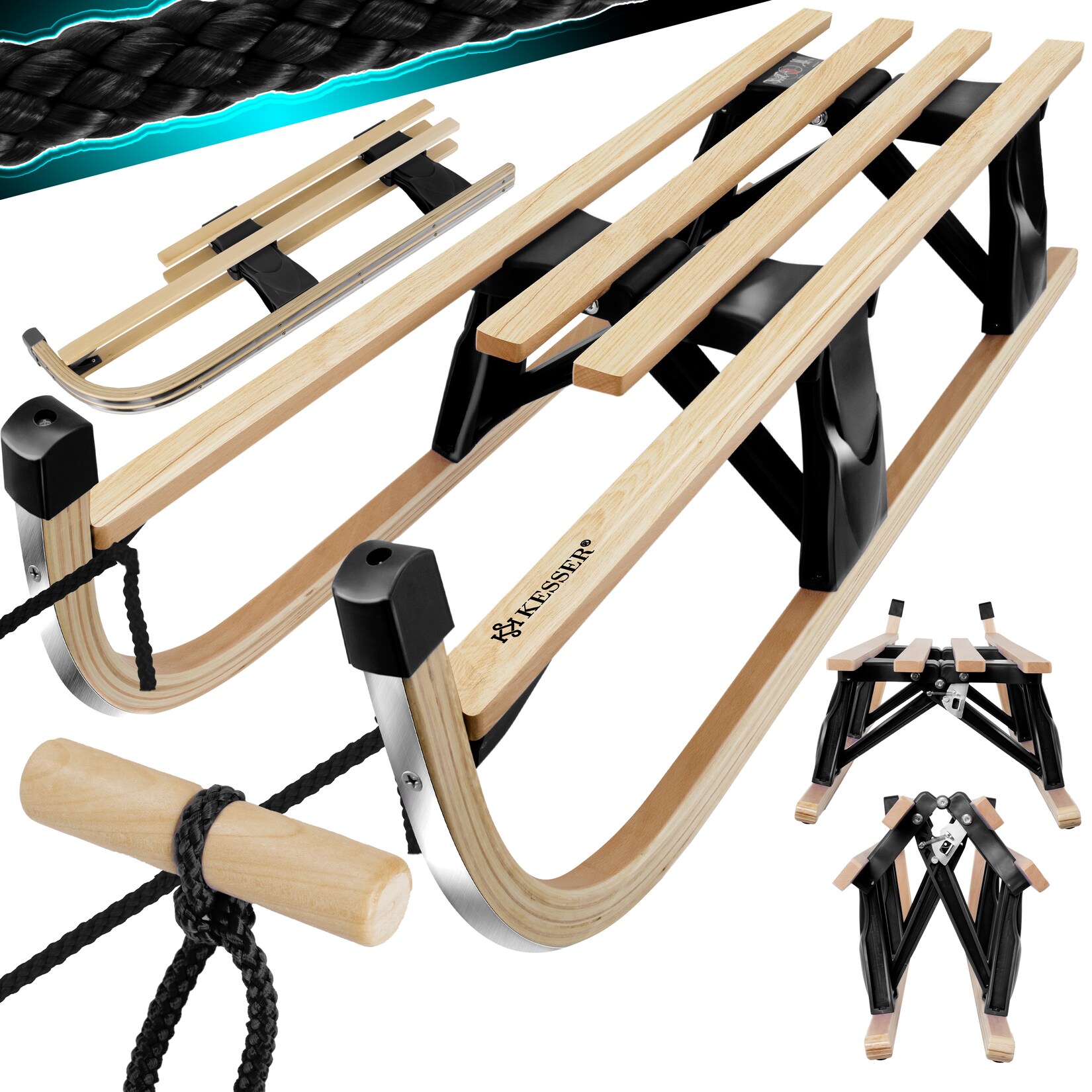 KESSER® Holzschlitten Premium Schlitten faltbar Kinder Faltschlitten Kinderschlitten aus Buchenholz inkl. Zugseil Schieber Metallkufen | 04255598301206