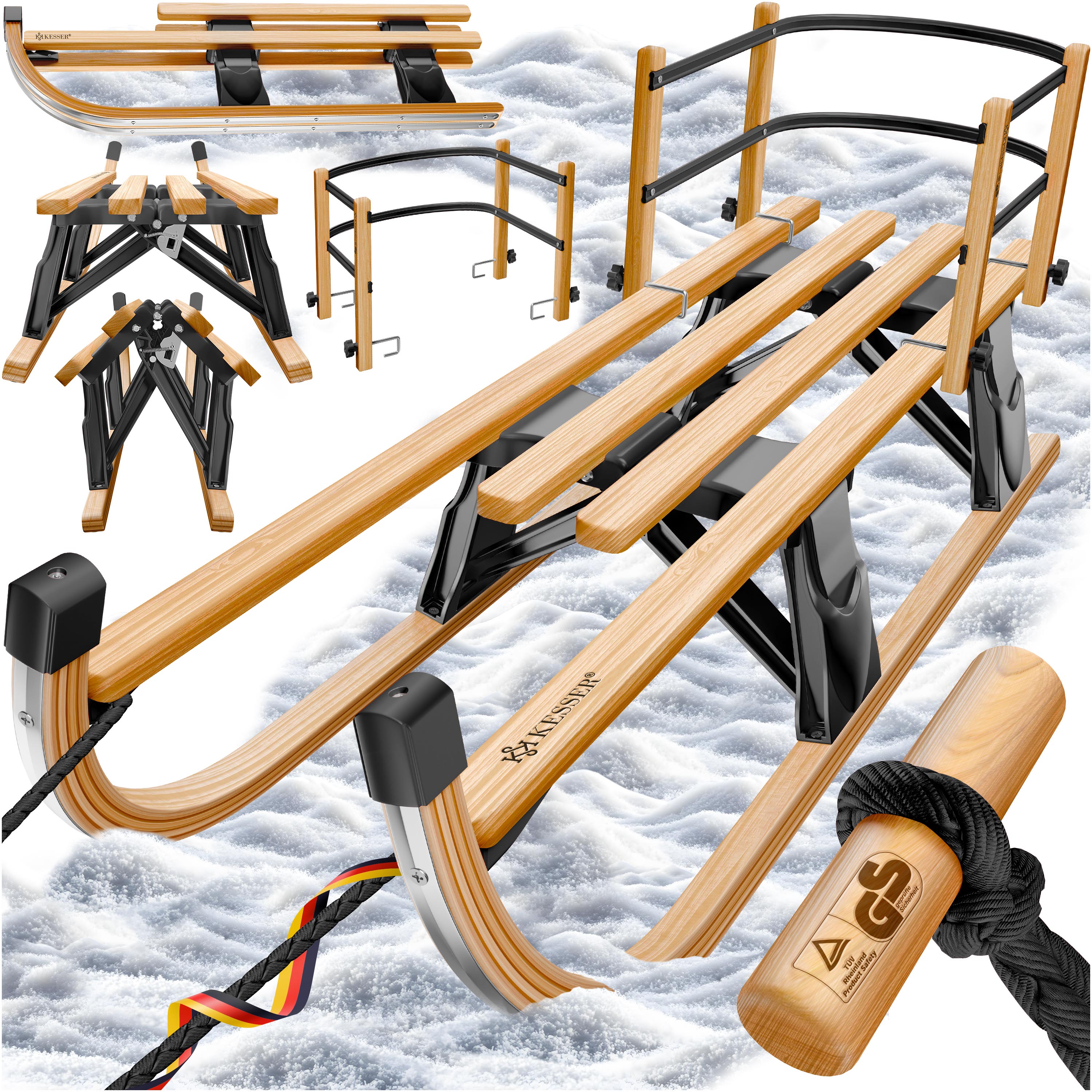 KESSER&reg; Holzschlitten Premium Schlitten faltbar Kinder Faltschlitten Kinderschlitten aus Buchenholz inkl. Zugseil Schieber Metallkufen - Bild 1