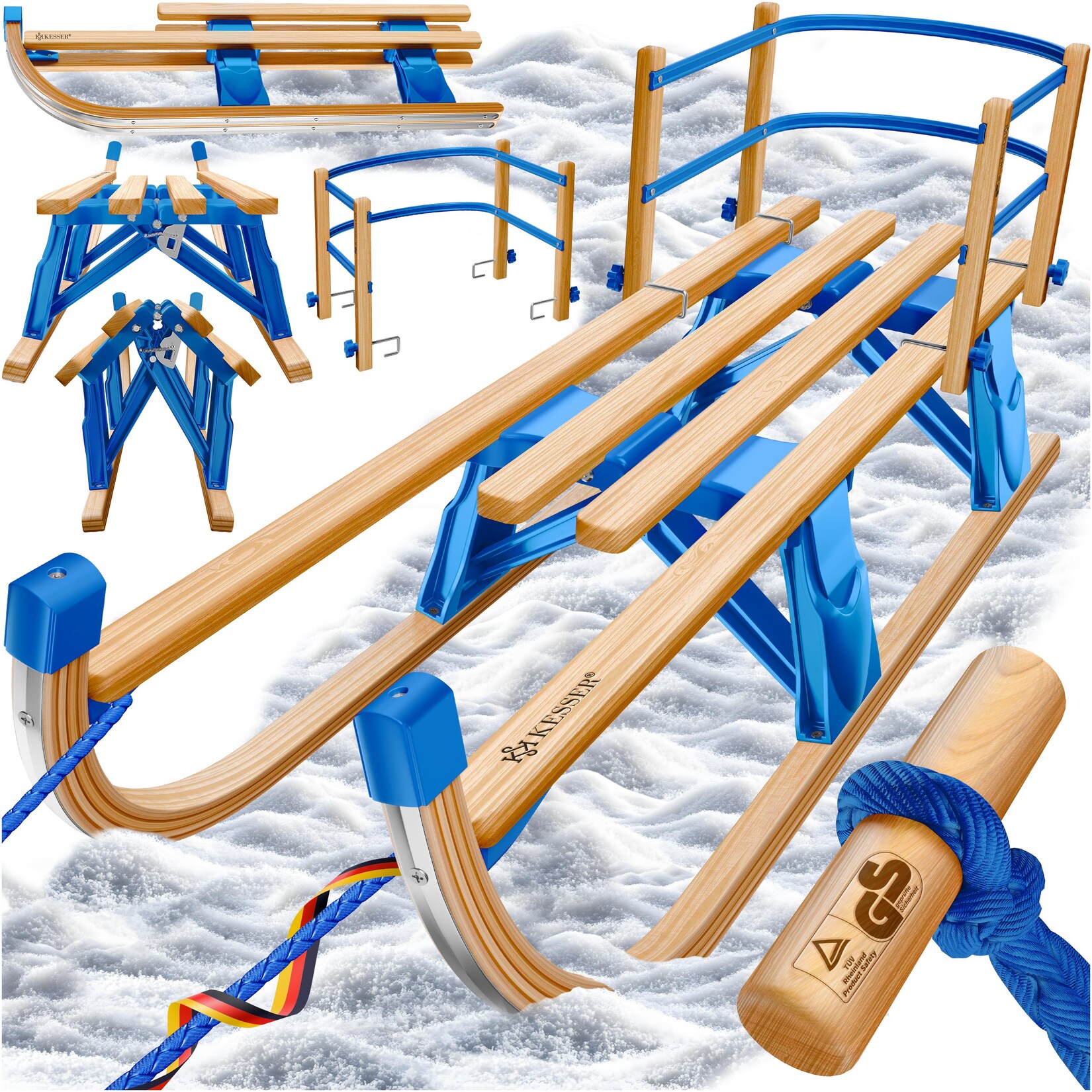 KESSER® Holzschlitten Premium Schlitten faltbar Kinder Faltschlitten Kinderschlitten aus Buchenholz inkl. Zugseil Schieber Metallkufen