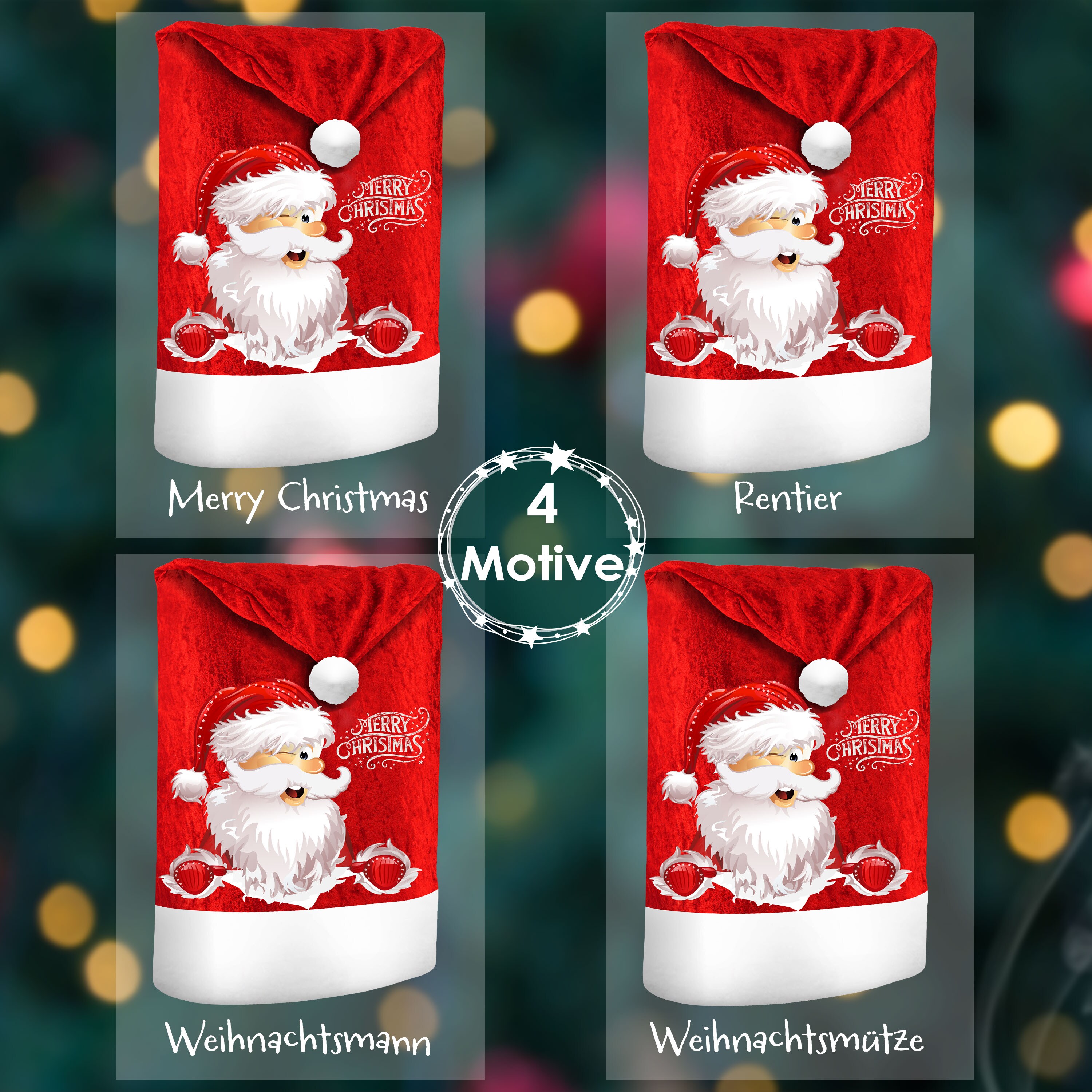 KESSER® Premium Weihnachtsstuhlüberzug Set Stuhlhussen für Weihnachten Nikolausmütze Stuhlbezug Husse Weihnachtsdeko für Stühle Überzieher
