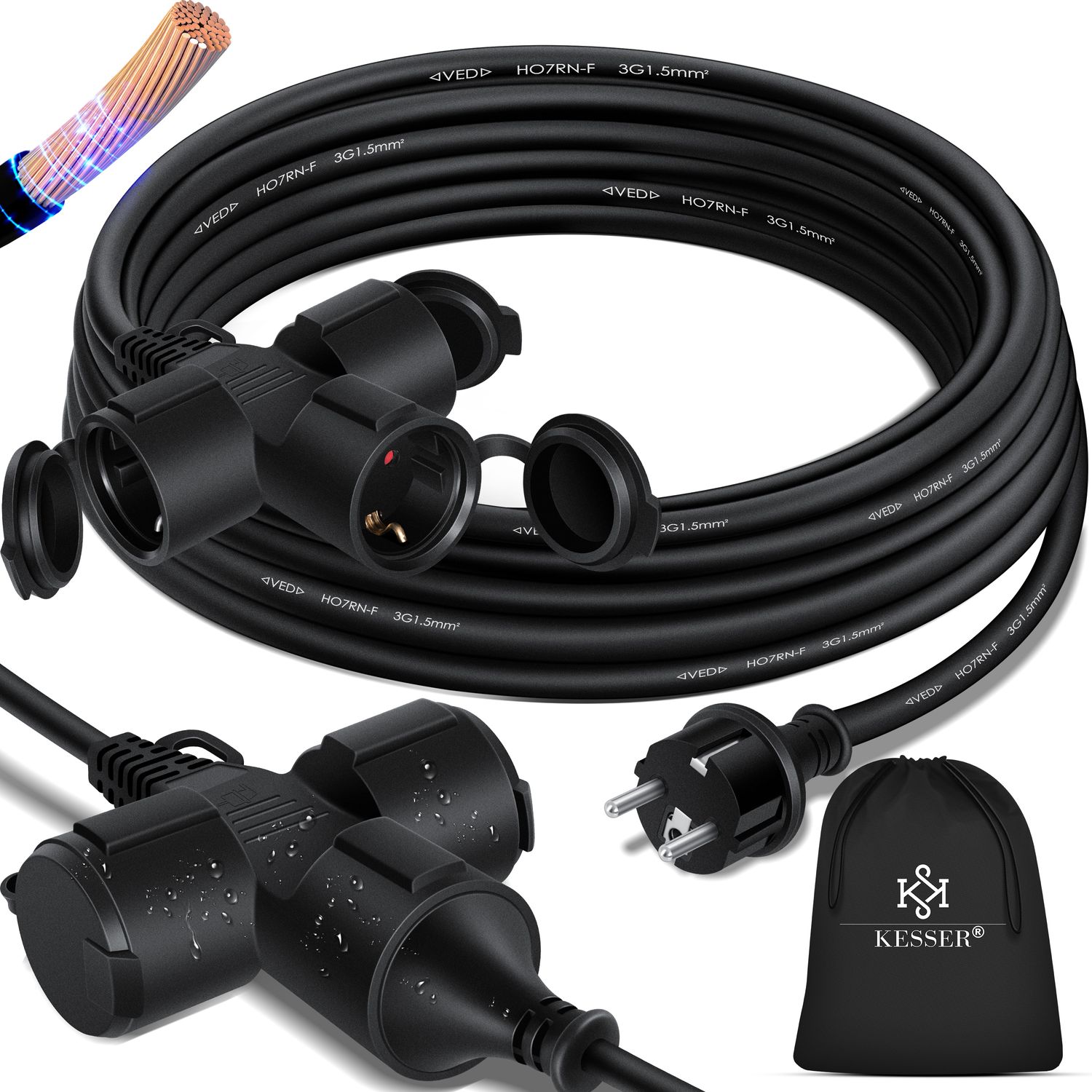 KESSER&reg; Verl&auml;ngerungskabel mit Schutzkappe Outdoor - f&uuml;r Innenbereich Au&szlig;enbereich - Verl&auml;ngerung Stromkabel &ndash; 230 V IP44 - Schutzkontakt Baustellenkabel Schutzkontaktstecker - Bild 1