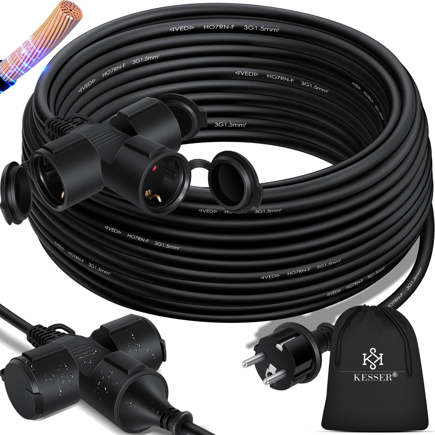KESSER&reg; Verl&auml;ngerungskabel mit Schutzkappe Outdoor - f&uuml;r Innenbereich Au&szlig;enbereich - Verl&auml;ngerung Stromkabel &ndash; 230 V IP44 - Schutzkontakt Baustellenkabel Schutzkontaktstecker - Bild 1
