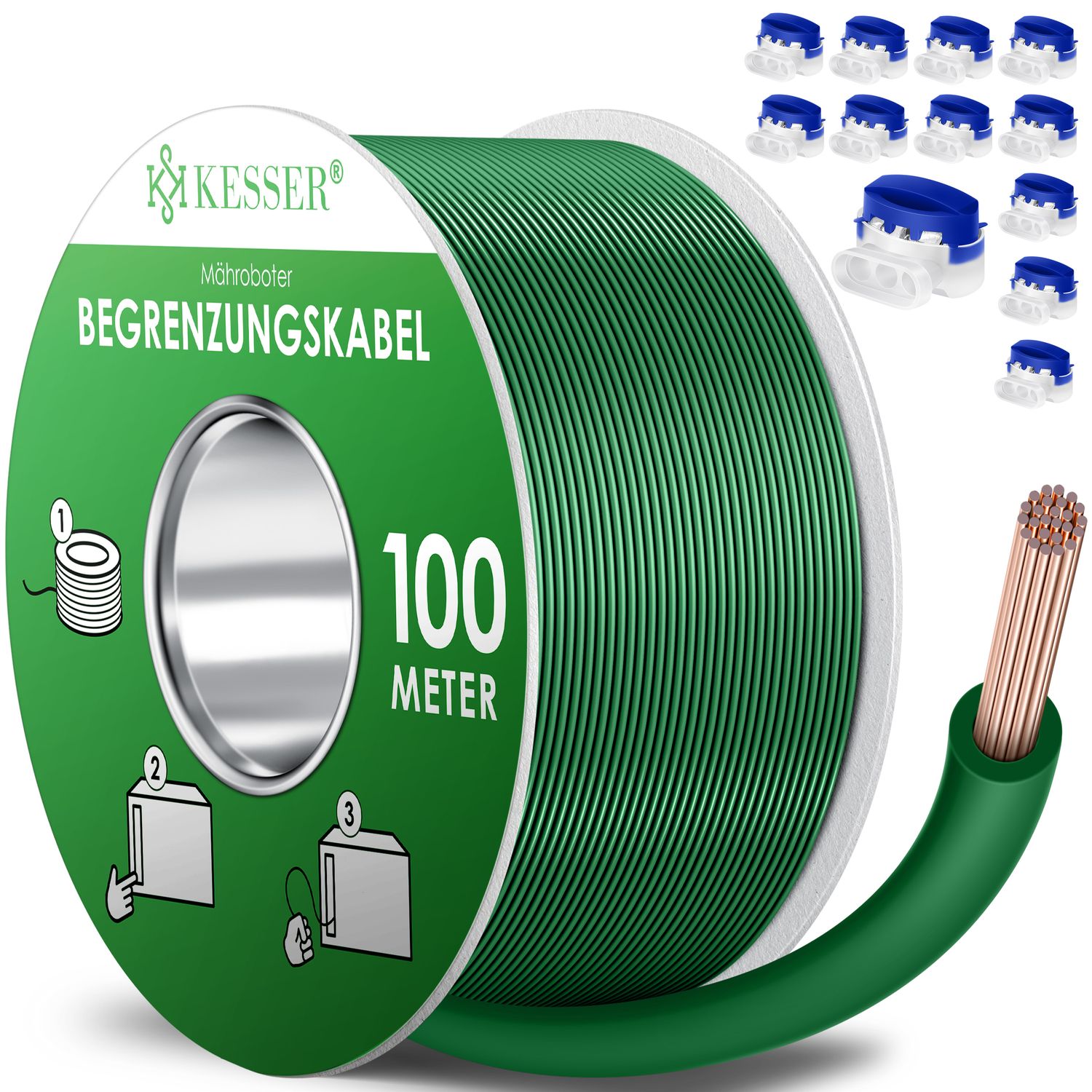 KESSER&reg; Begrenzungskabel + Erdspie&szlig;e + Kabelverbinder f&uuml;r M&auml;hroboter Rasenm&auml;her Rasenroboter Zubeh&ouml;r SET Begrenzungsdraht Universal kompatibel mit GARDENA/BOSCH/WORX/HONDA/ROBOMOW - Bild 1