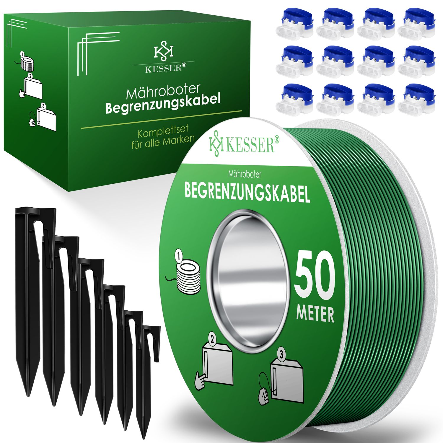 KESSER&reg; Begrenzungskabel + Erdspie&szlig;e + Kabelverbinder f&uuml;r M&auml;hroboter Rasenm&auml;her Rasenroboter Zubeh&ouml;r SET Begrenzungsdraht Universal kompatibel mit GARDENA/BOSCH/WORX/HONDA/ROBOMOW - Bild 1