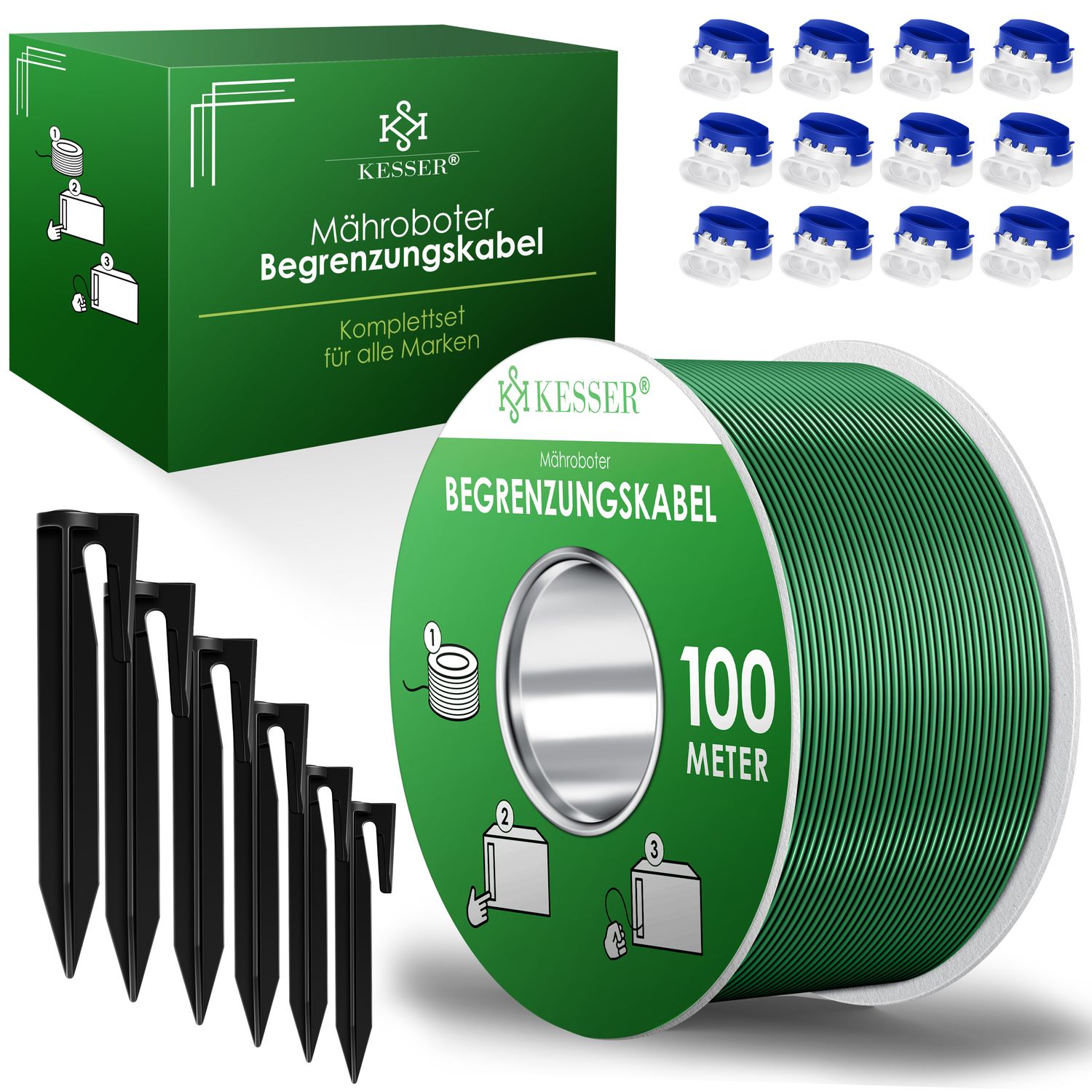 KESSER&reg; Begrenzungskabel + Erdspie&szlig;e + Kabelverbinder f&uuml;r M&auml;hroboter Rasenm&auml;her Rasenroboter Zubeh&ouml;r SET Begrenzungsdraht Universal kompatibel mit GARDENA/BOSCH/WORX/HONDA/ROBOMOW - Bild 1