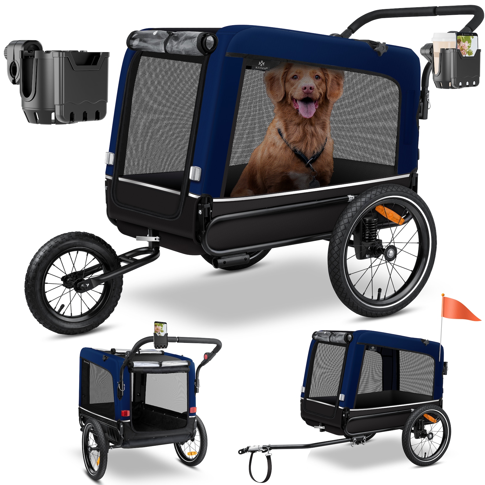 KESSER® Hundeanhänger Boxer 3-in-1 Hundebuggy & Jogger Fahrradanhänger groß ca. 240 Liter Volumen, gefedert, 360° Grad Vorderrad, 600D Oxford Canvas, SmartSpace Concept, maximale Belastbarkeit: 40 kg