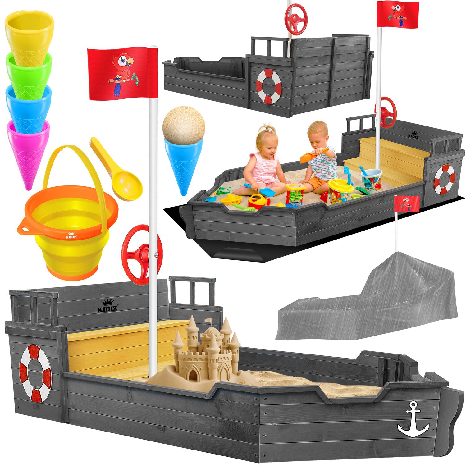 KIDIZ&reg; Sandkasten Ahoi - Piratenschiff Boot Segelschiff aus Holz Inkl. Abdeckung, Bodenplane, Sitzbank, Flaggenmast, Sandspielzeug  | Gro&szlig;e Kinder Sandkiste f&uuml;r den Garten | Outdoor Sandbox - Bild 1