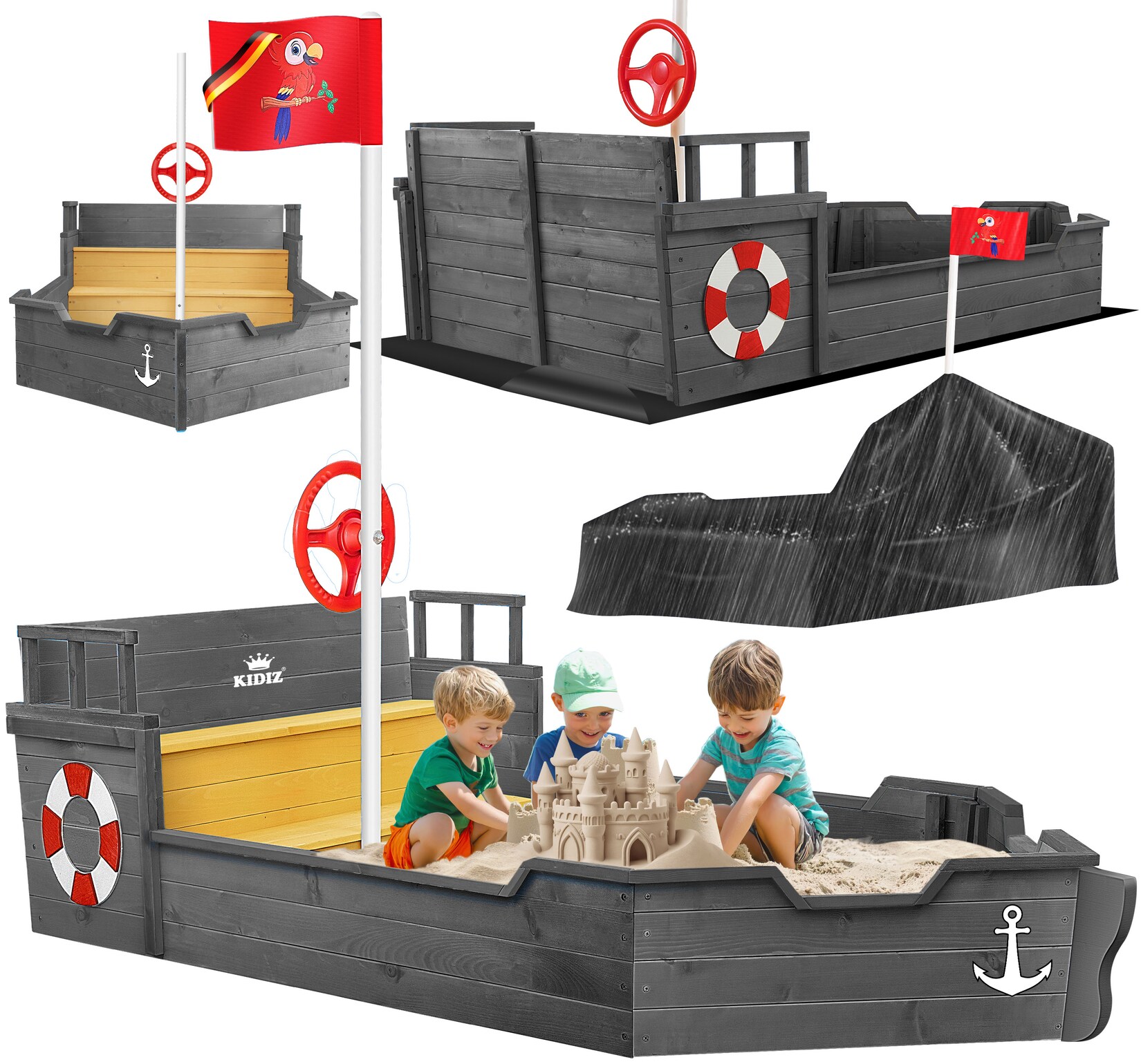 KIDIZ® Sandkasten Ahoi - Piratenschiff Boot Segelschiff aus Holz Inkl. Abdeckung, Bodenplane, Sitzbank, Flaggenmast, Sandspielzeug Große Kinder Sandkiste für den Garten Outdoor Sandbox