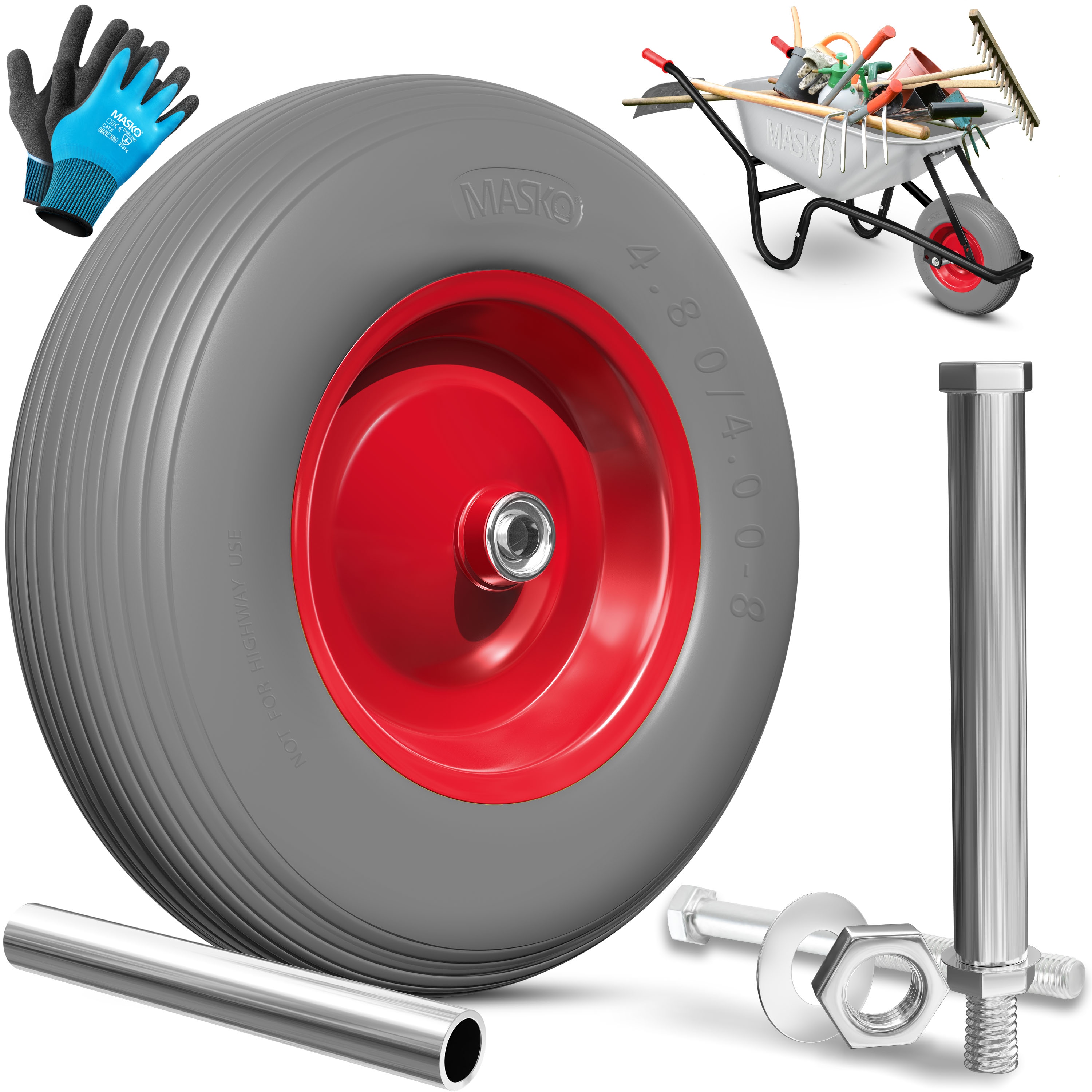 MASKO&reg; PU Schubkarrenrad Vollgummi 200 kg pannensicher 4.80/4.00-8 &Oslash; 390mm inkl. Achse Ersatzrad Gummirad Stahlfelge Reifen pannensicher f&uuml;r Schubkarre Gartenkarren pannensicheres PU Rad - Bild 1