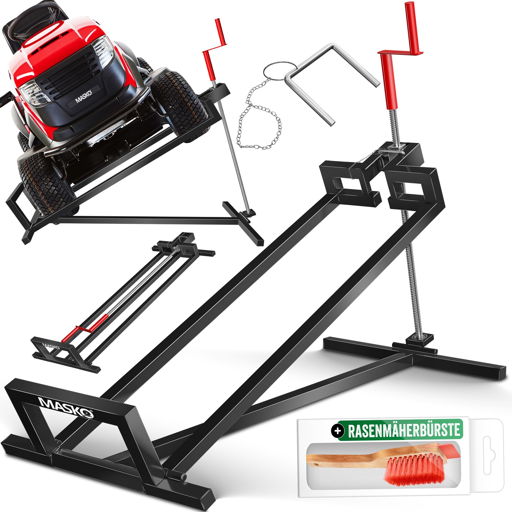 MASKO® XXL Rasentraktorheber 450 kg Hebevorrichtung Hebebühne Aufsitzmäher – Rasentraktor Heber, 45° verstellbar, universal Reinigungshilfe mit Zubehör & Adapter (je nach Wahl)