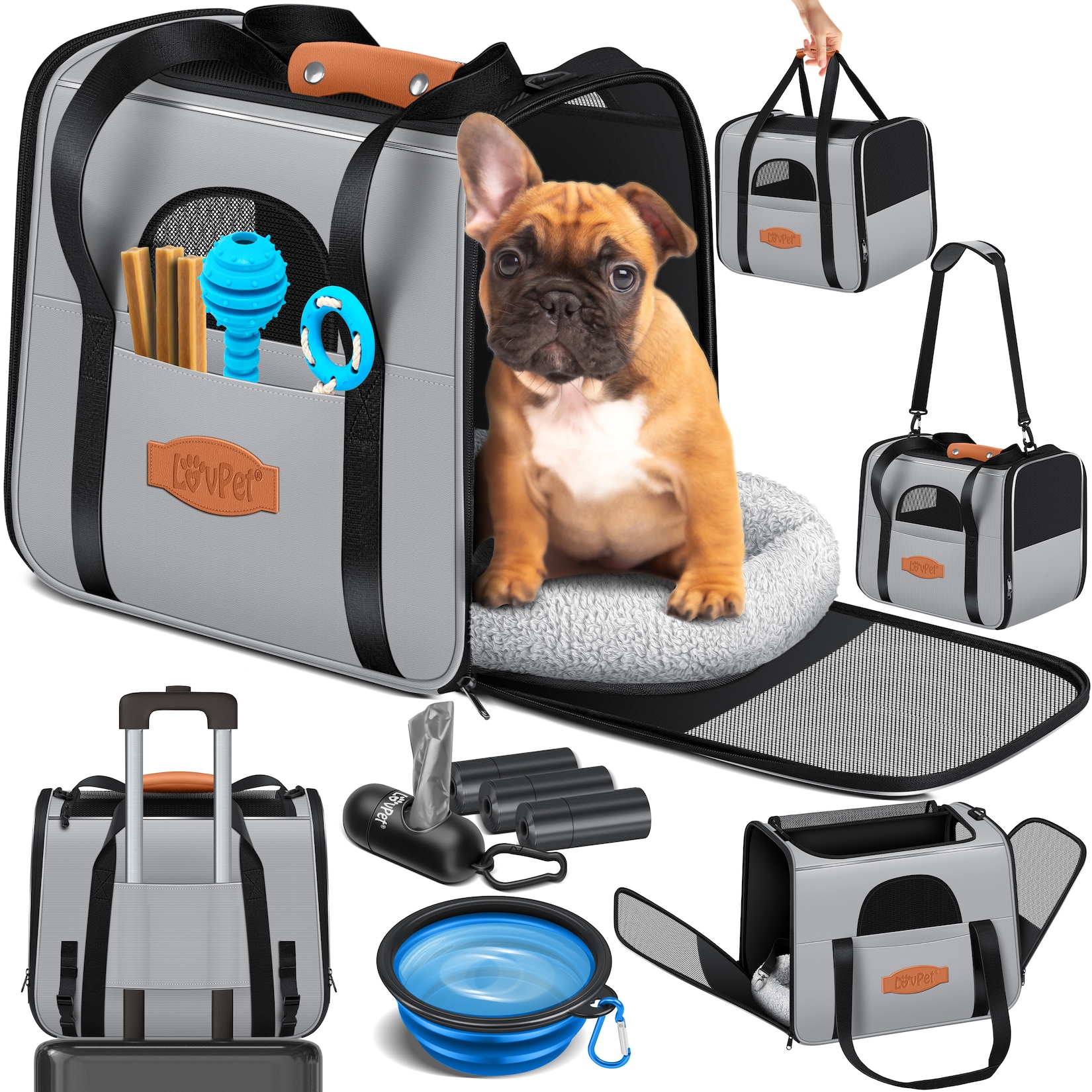 LOVPET® Hundebox Hundetasche Transportbox 2in1 Hunde & Katzentasche Hundetransportbox inkl. Pet-Kissen + 3x Beutelrollen