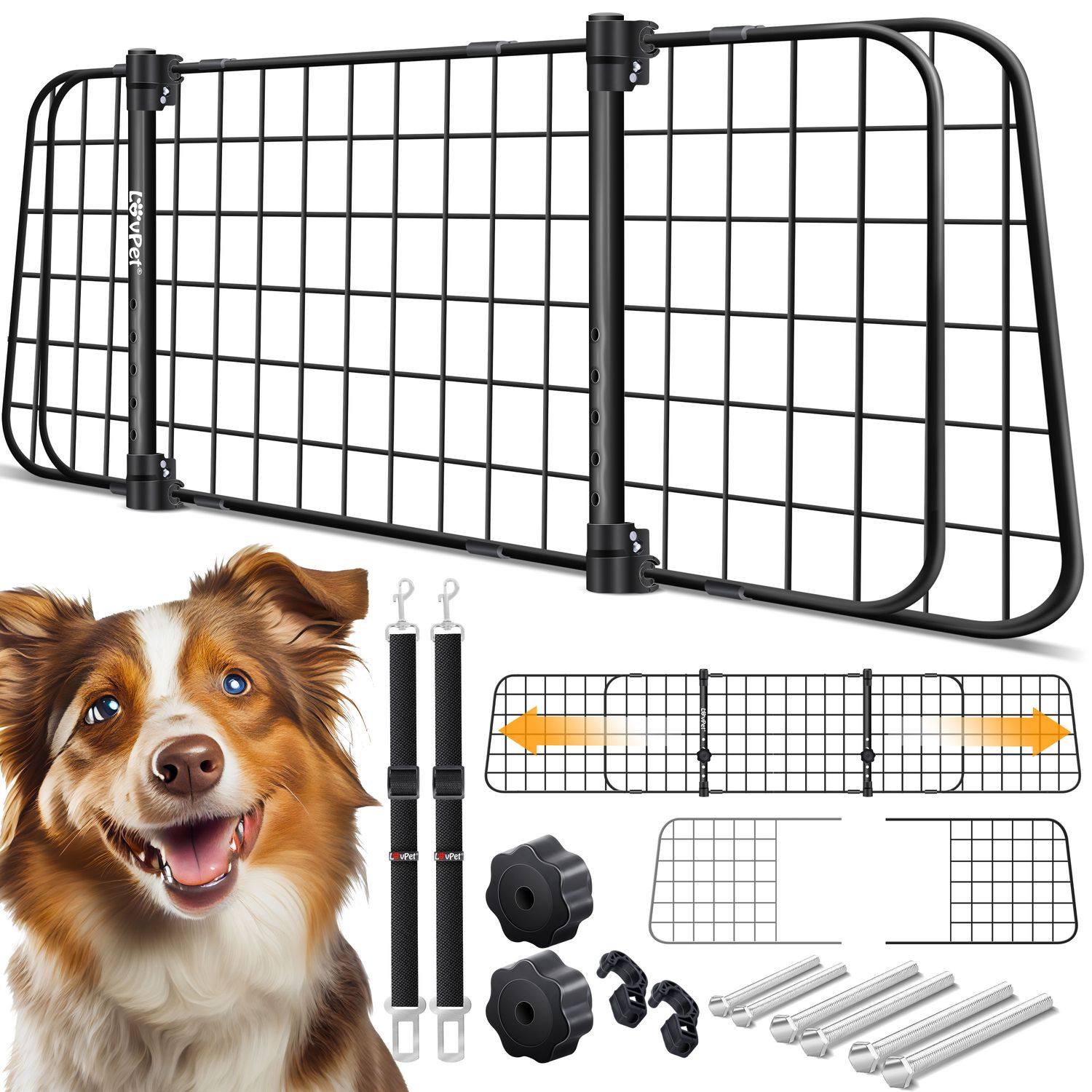 LovPet&reg; Hundegitter Auto, Autoschutzgitter Trenngitter Universal, verstellbare Breite, Kopfst&uuml;tze Kofferraum Autogitter Ma&szlig;e HxB 30 x 91-153 cm Kofferraumgitter,+ 2x Sicherheitsgurt f&uuml;r Hunde - Bild 1
