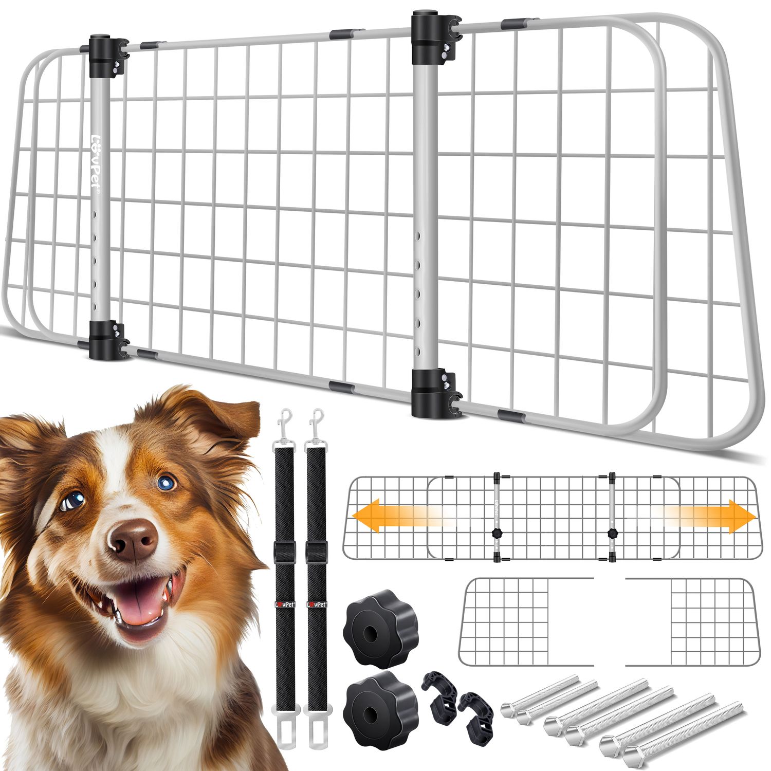 LovPet&reg; Hundegitter Auto, Autoschutzgitter Trenngitter Universal, verstellbare Breite, Kopfst&uuml;tze Kofferraum Autogitter Ma&szlig;e HxB 30 x 91-153 cm Kofferraumgitter,+ 2x Sicherheitsgurt f&uuml;r Hunde - Bild 1