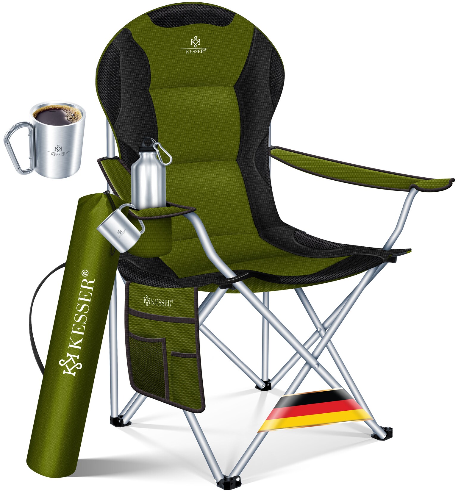 KESSER® Campingstuhl faltbar bis 150 kg Angelstuhl Faltstuhl Klappstuhl Gepolstert mit Armlehnen, Getränkehalter + Tasche mit hoher Rückenlehne, Strandstuhl, Klapphocker