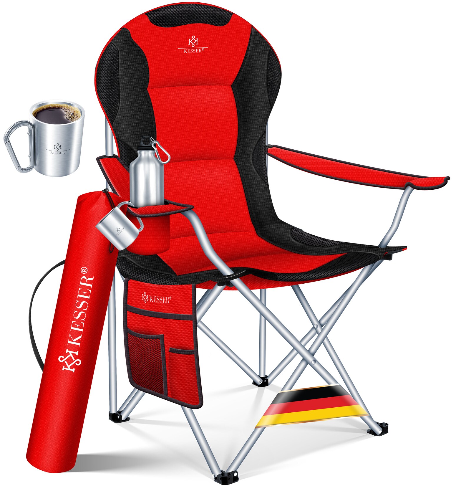 KESSER® Campingstuhl faltbar bis 150 kg Angelstuhl Faltstuhl Klappstuhl Gepolstert mit Armlehnen, Getränkehalter + Tasche mit hoher Rückenlehne, Strandstuhl, Klapphocker
