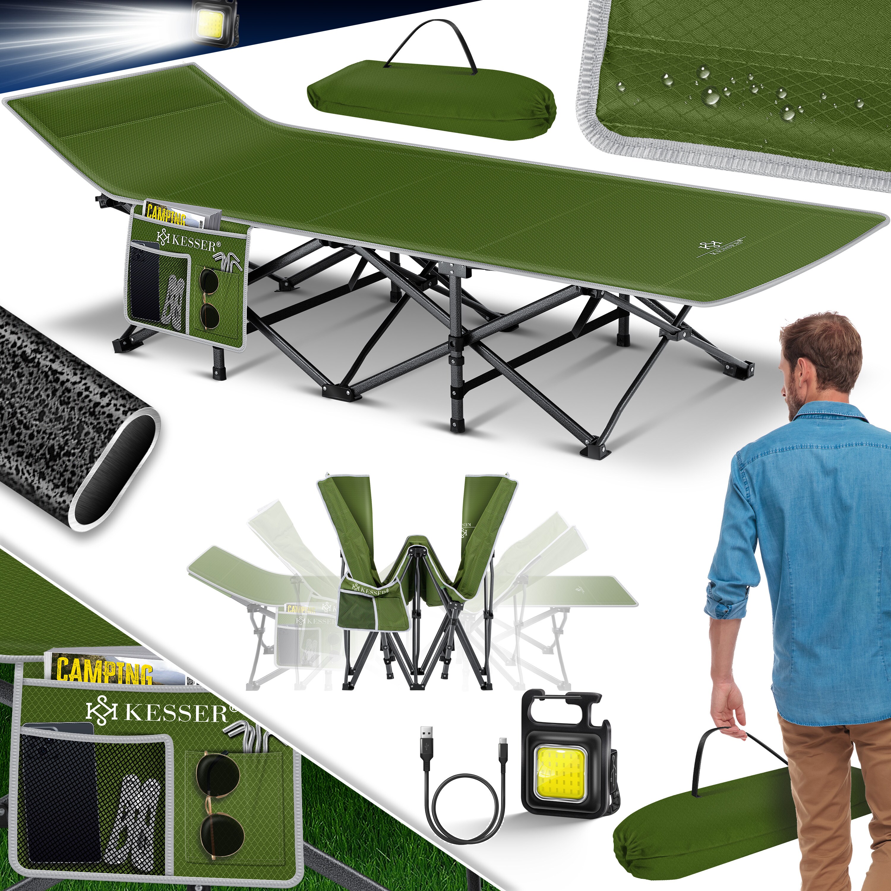 KESSER&reg; Campingbett Feldbett Klappbar Klappbett Campingliege inkl. Tragetasche + Seitentasche Stabiles Feldbett 250kg Belastbar Metallrohr 600D Oxfordgewebe Tragbar Liege Reise Bequem - Bild 1