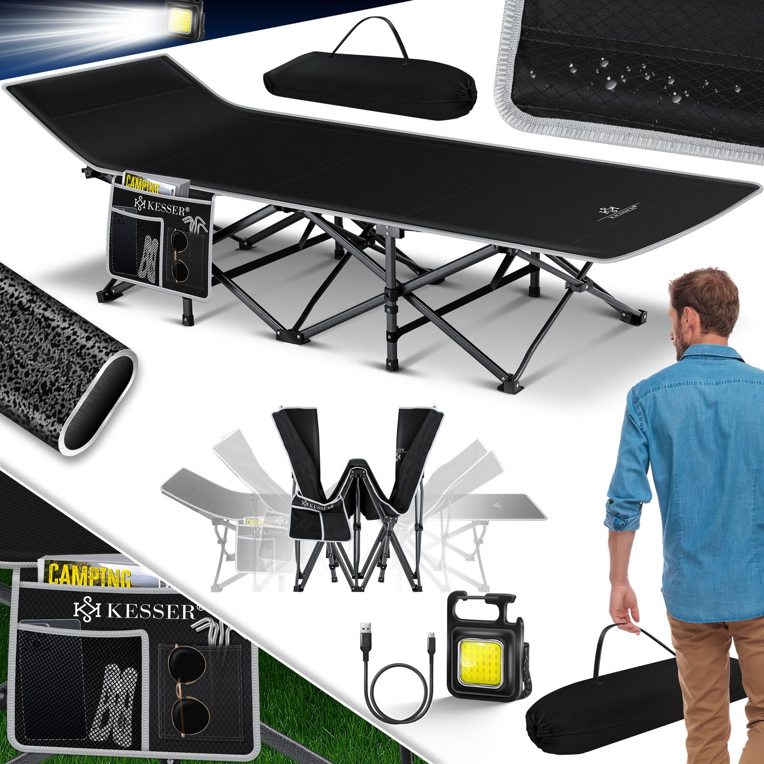 KESSER&reg; Campingbett Feldbett Klappbar Klappbett Campingliege inkl. Tragetasche + Seitentasche Stabiles Feldbett 250kg Belastbar Metallrohr 600D Oxfordgewebe Tragbar Liege Reise Bequem - Bild 1