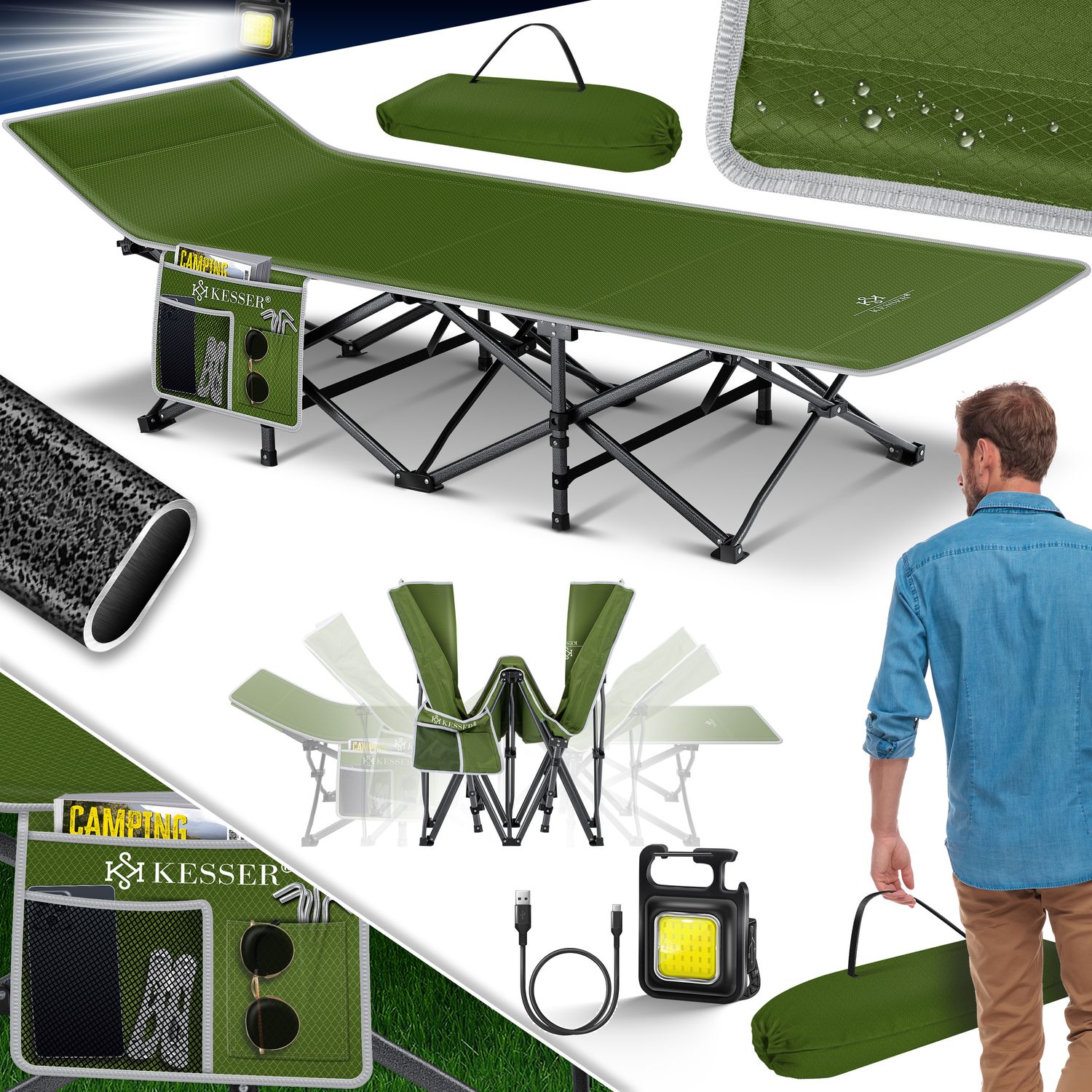 KESSER&reg; Campingbett Feldbett Klappbar Klappbett Campingliege inkl. Tragetasche + Seitentasche Stabiles Feldbett 250kg Belastbar Metallrohr 600D Oxfordgewebe Tragbar Liege Reise Bequem - Bild 1