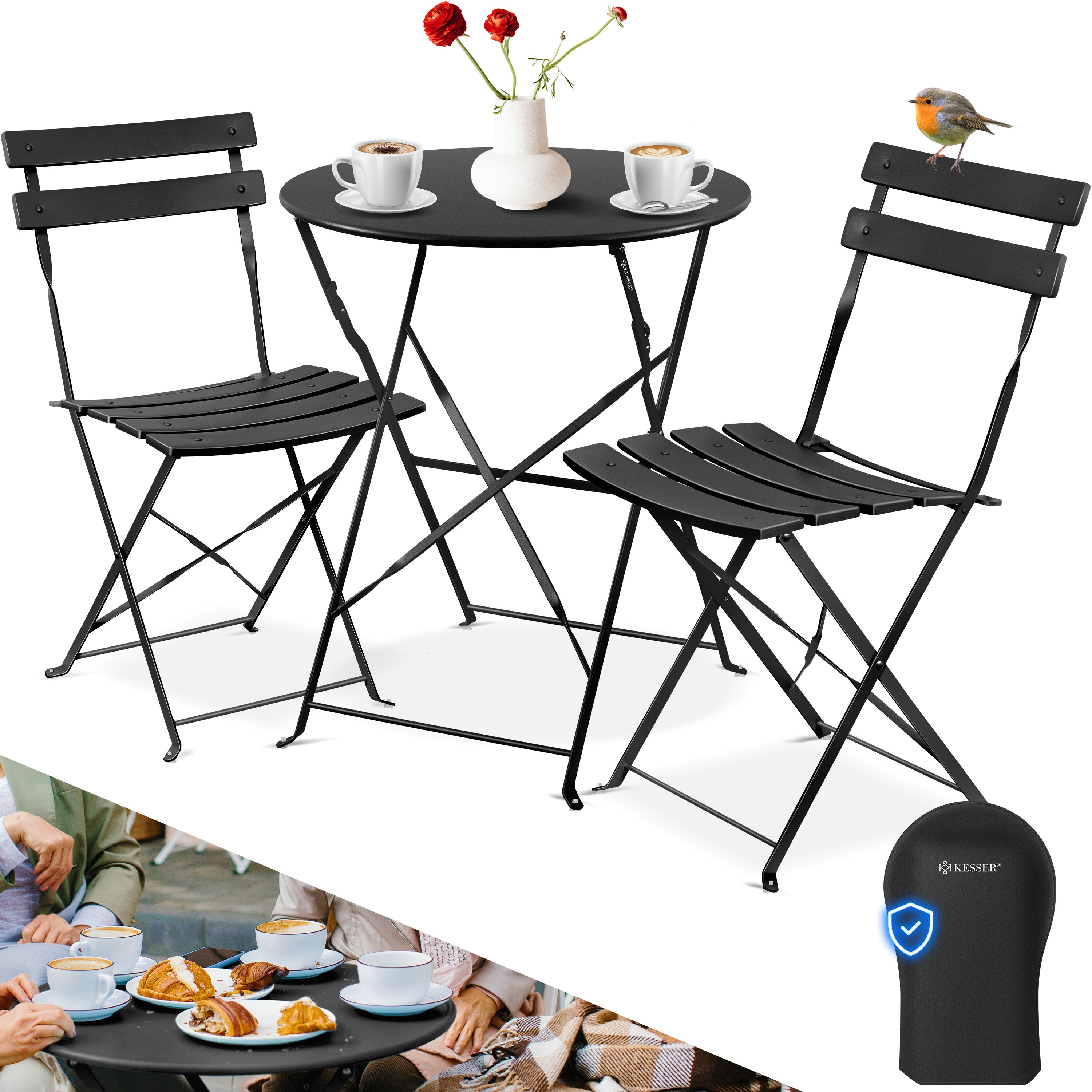 KESSER&reg; Bistroset 3-teilig Bistrotisch mit 2 klappbaren St&uuml;hle Set Balkonset Balkonm&ouml;bel Klapp-M&ouml;bel Gartenset Sitzgarnitur Gartengarnitur Gartenm&ouml;bel Sitzgruppe Metall Bistro Gartentisch inkl. Abdeckung - Bild 1