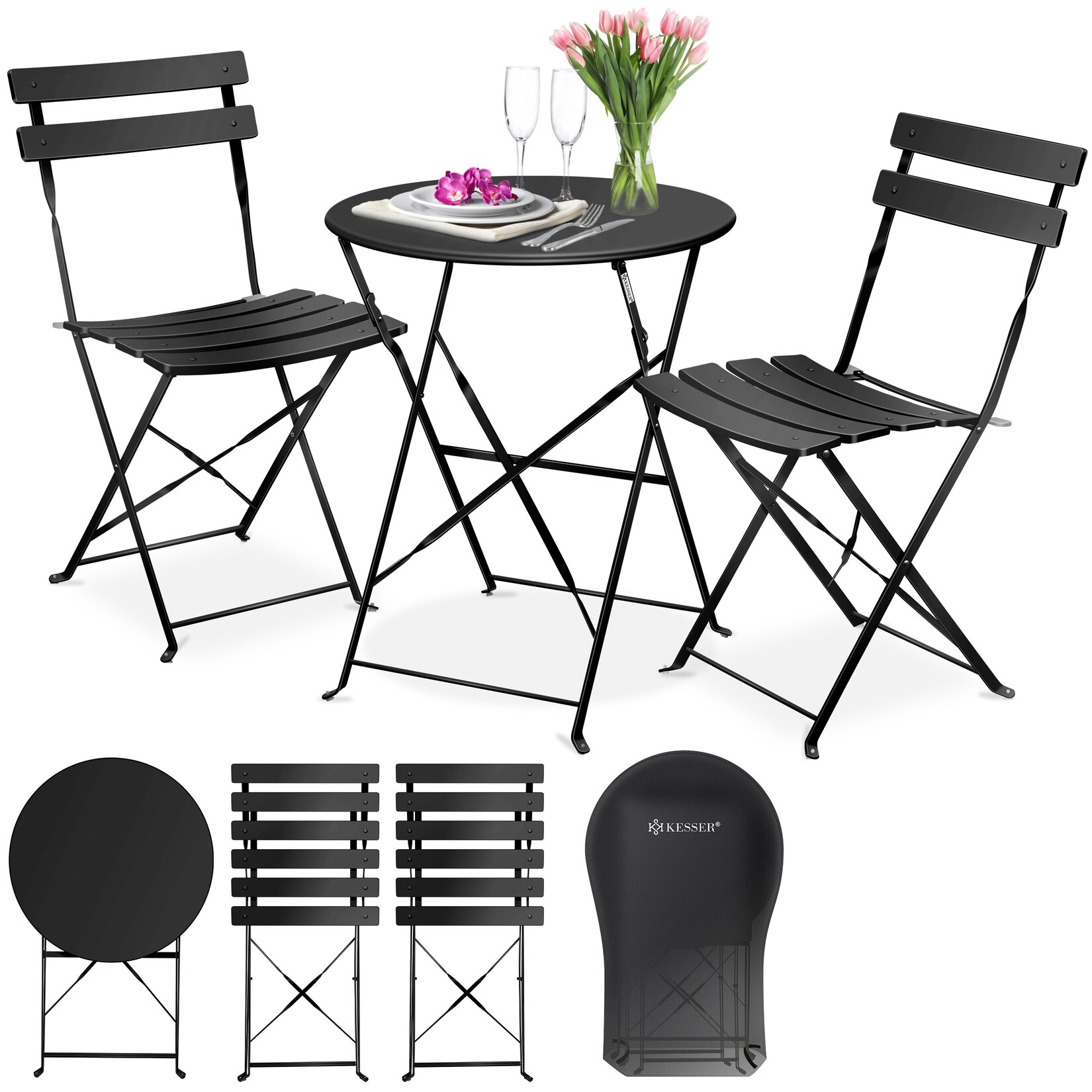 KESSER® Bistroset 3-teilig Bistrotisch mit 2 klappbaren Stühle Set Balkonset Balkonmöbel Klapp-Möbel Gartenset Sitzgarnitur Gartengarnitur Gartenmöbel Sitzgruppe Metall Bistro Gartentisch inkl. Abdeckung
