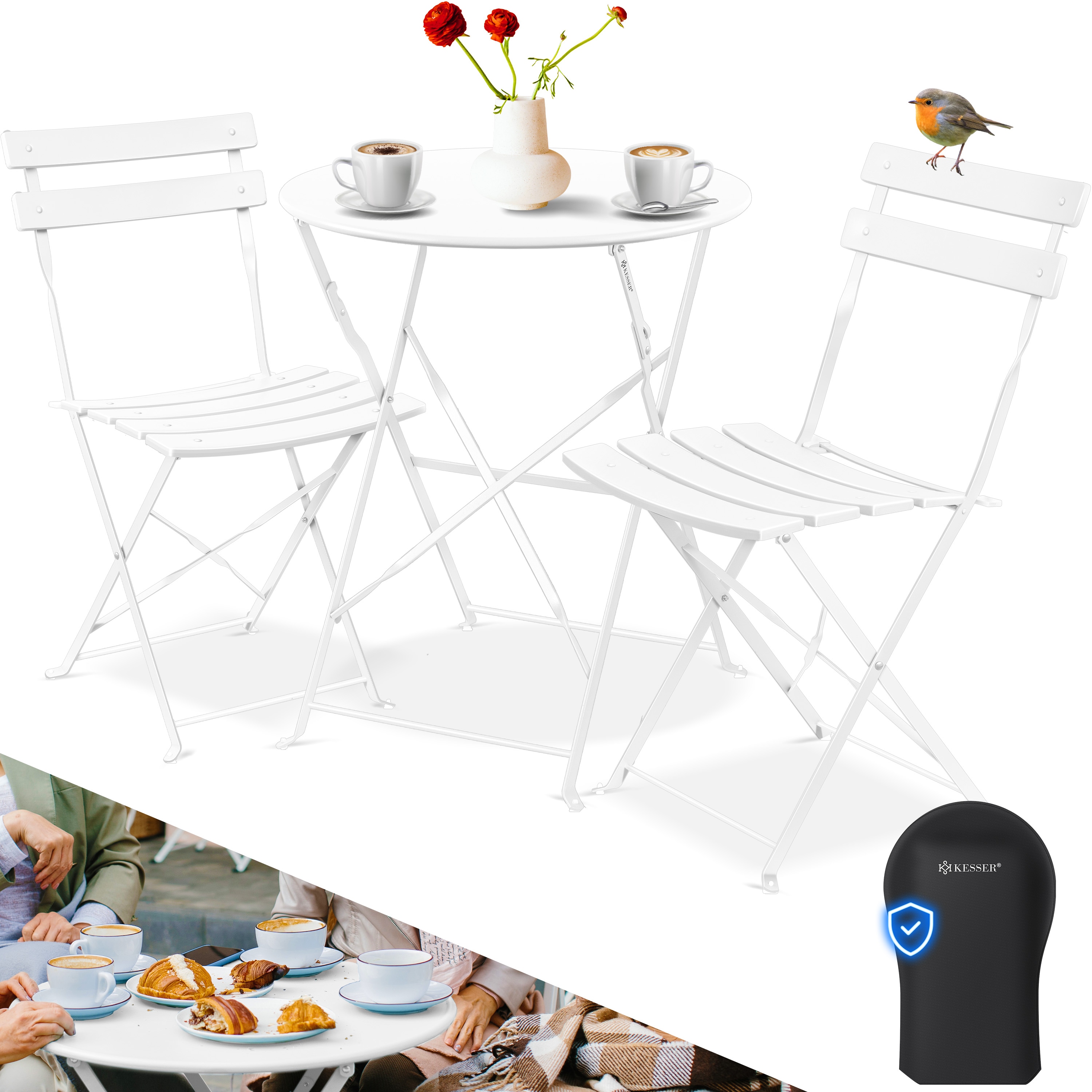 KESSER&reg; Bistroset 3-teilig Bistrotisch mit 2 klappbaren St&uuml;hle Set Balkonset Balkonm&ouml;bel Klapp-M&ouml;bel Gartenset Sitzgarnitur Gartengarnitur Gartenm&ouml;bel Sitzgruppe Metall Bistro Gartentisch inkl. Abdeckung - Bild 1