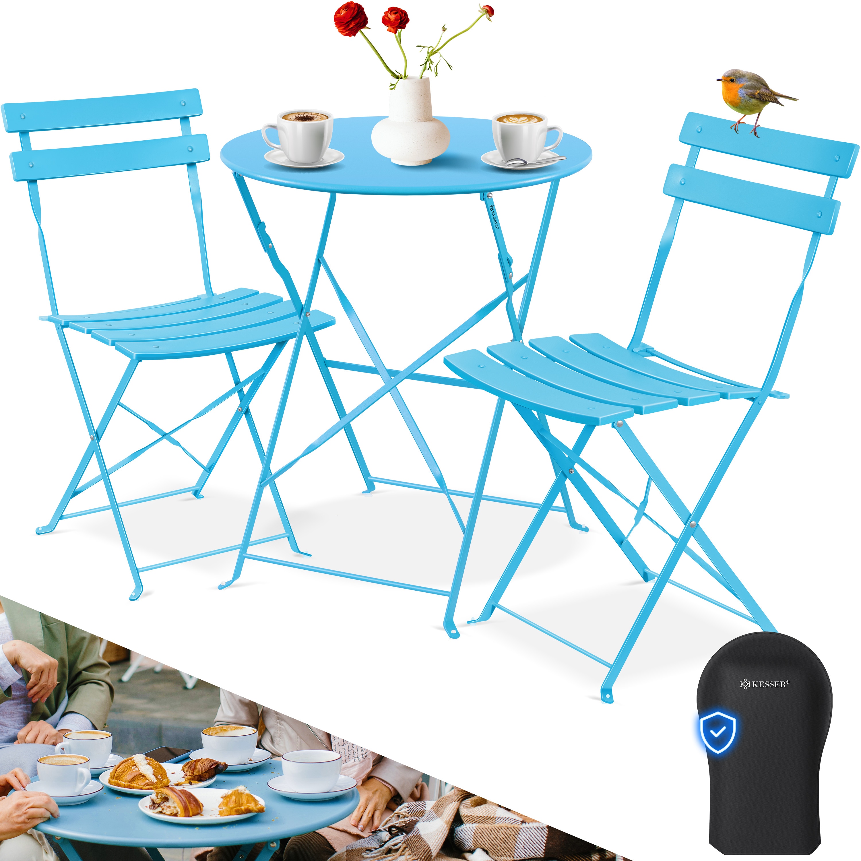 KESSER&reg; Bistroset 3-teilig Bistrotisch mit 2 klappbaren St&uuml;hle Set Balkonset Balkonm&ouml;bel Klapp-M&ouml;bel Gartenset Sitzgarnitur Gartengarnitur Gartenm&ouml;bel Sitzgruppe Metall Bistro Gartentisch inkl. Abdeckung - Bild 1
